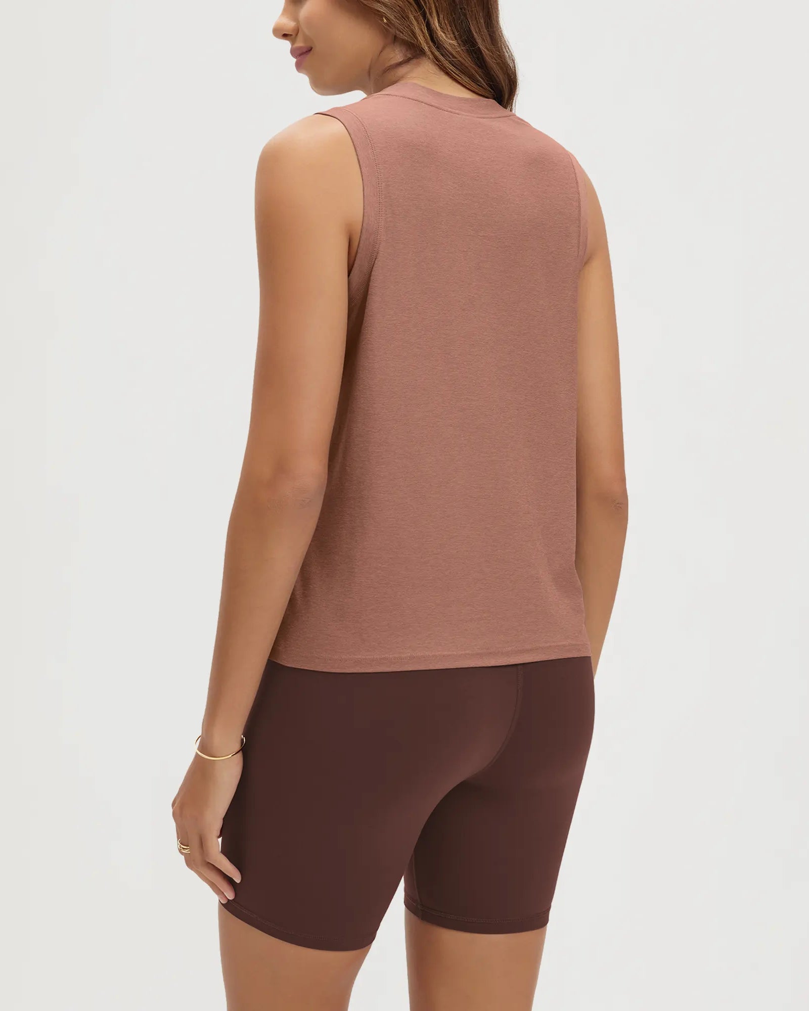 ODODOS Stratum women's performance tank in soft fabric, styled with modal shorts.