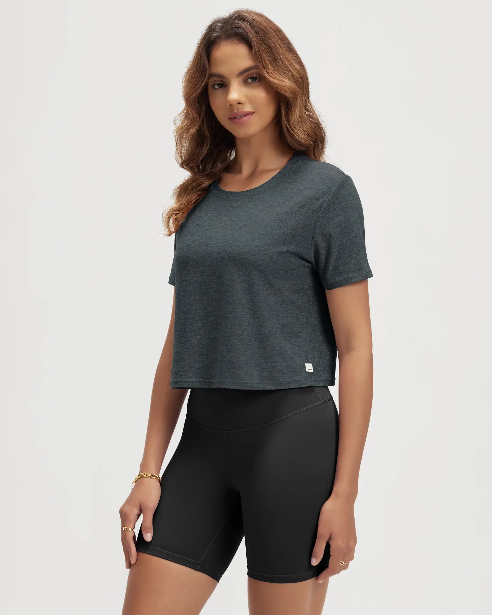 ODODOS Stratum Women's Performance Cropped Tee in breathable soft fabric for workout wear.