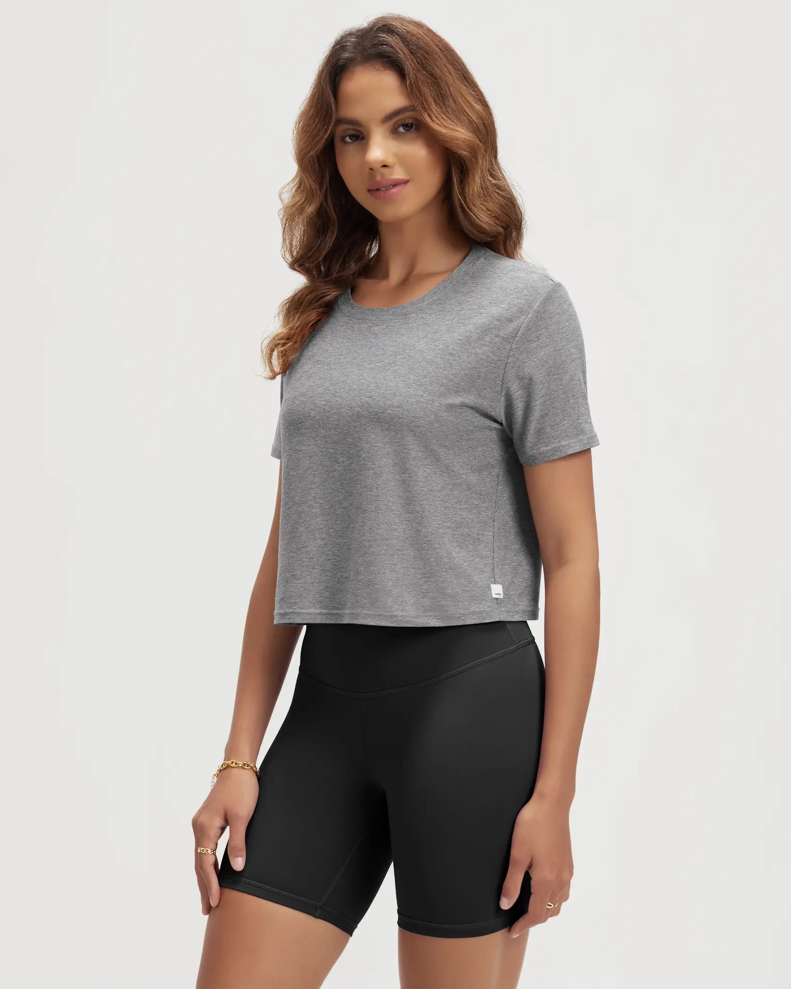 ODODOS Stratum Women's Performance Cropped Tee with soft fabric and athletic fit.