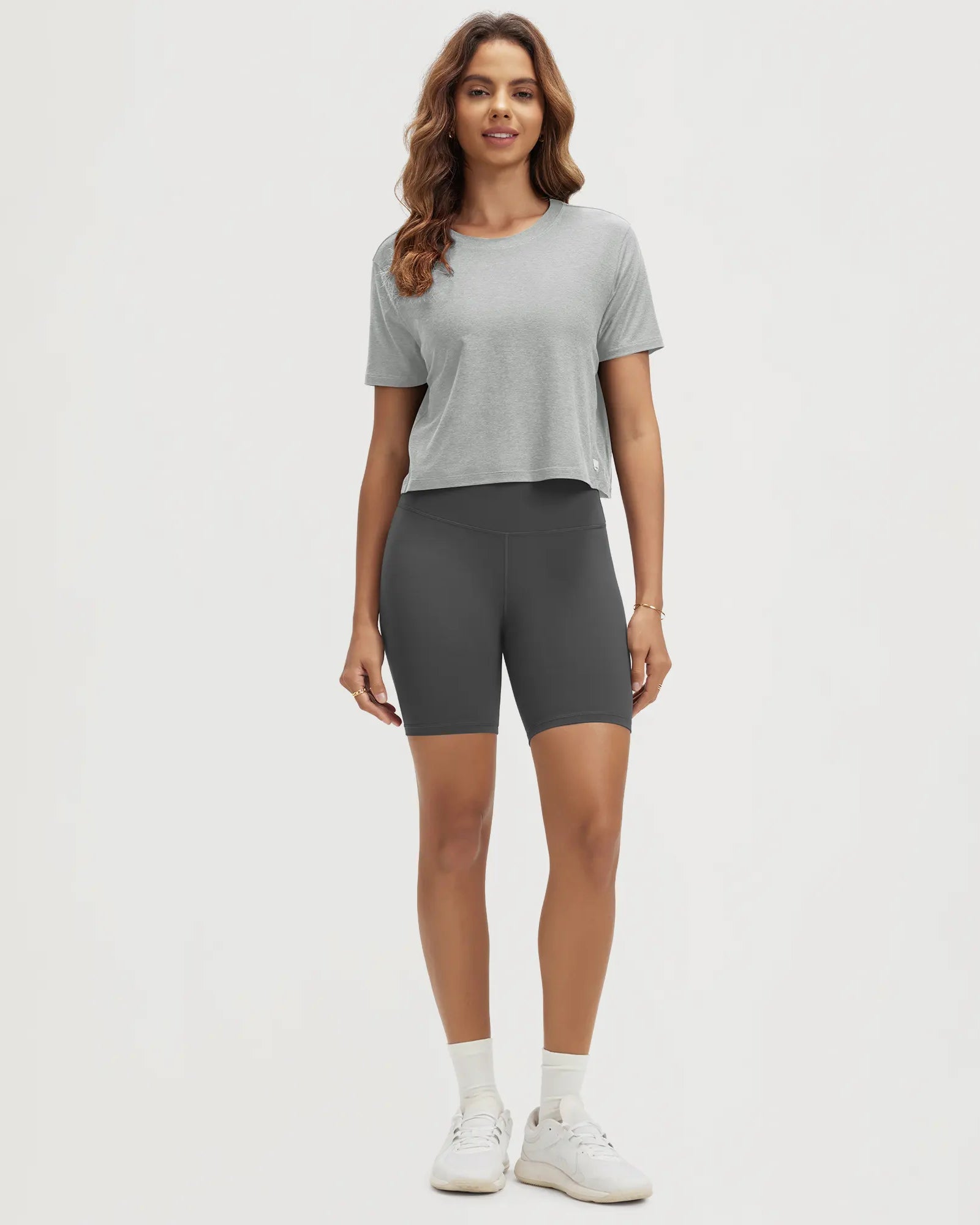 ODODOS Stratum Women's Performance Cropped Tee with breathable shorts for athletic fit.