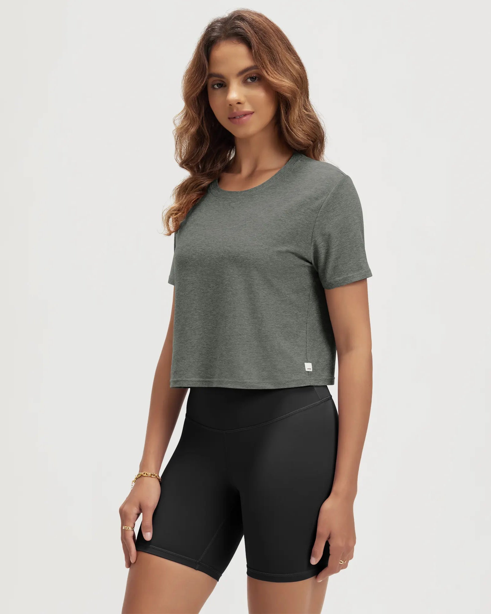 ODODOS Stratum Women's Performance Cropped Tee in soft fabric for summer workouts.