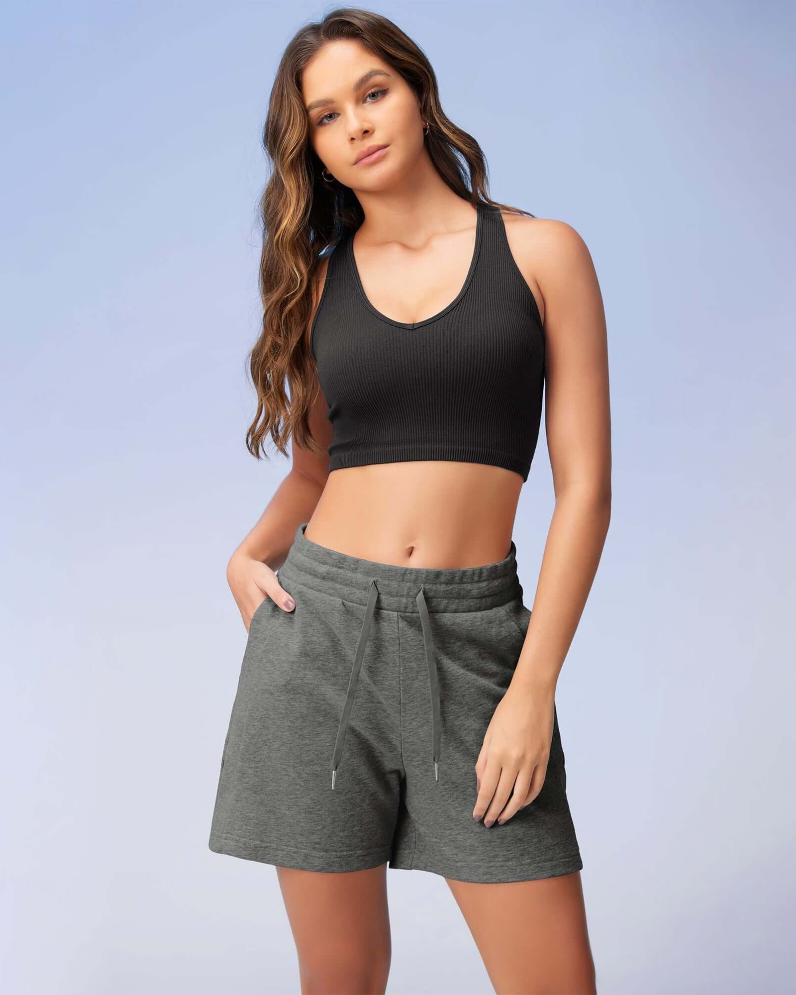 5 Cotton French Terry High Waist Lounge Shorts Charcoal Heather - ododos