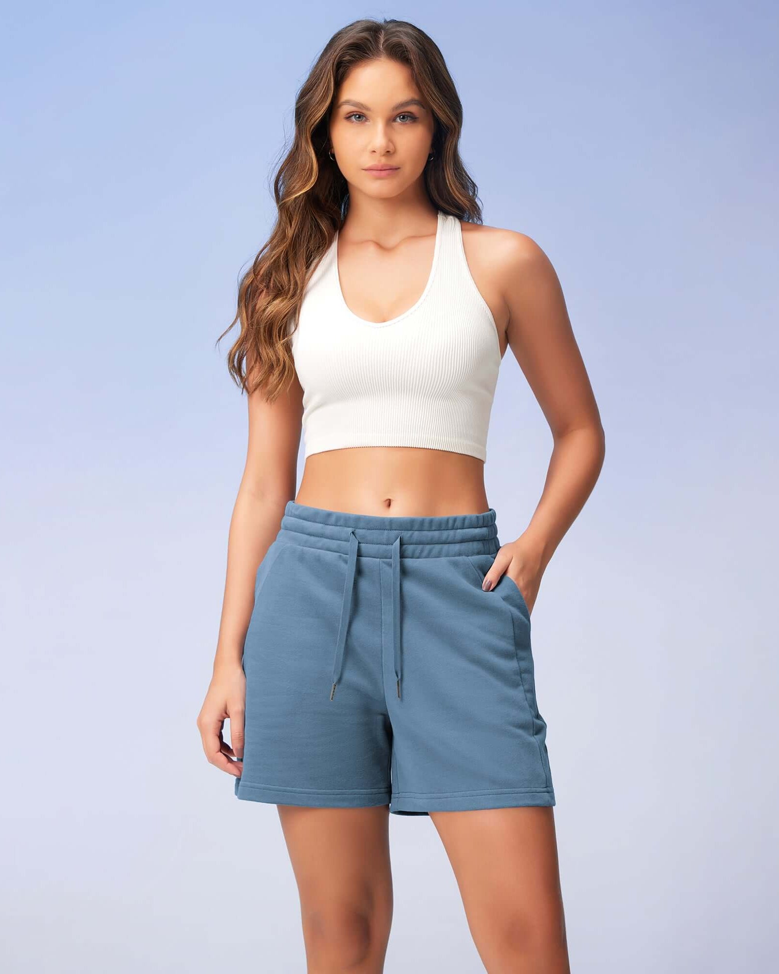5 Cotton French Terry High Waist Lounge Shorts Steel Blue - ododos