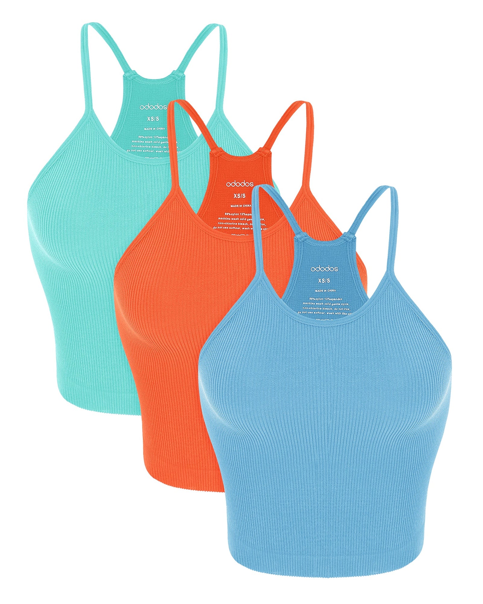 3-Pack Seamless Rib-Knit Camisole Aqua+Orange+Cyan Blue - ododos