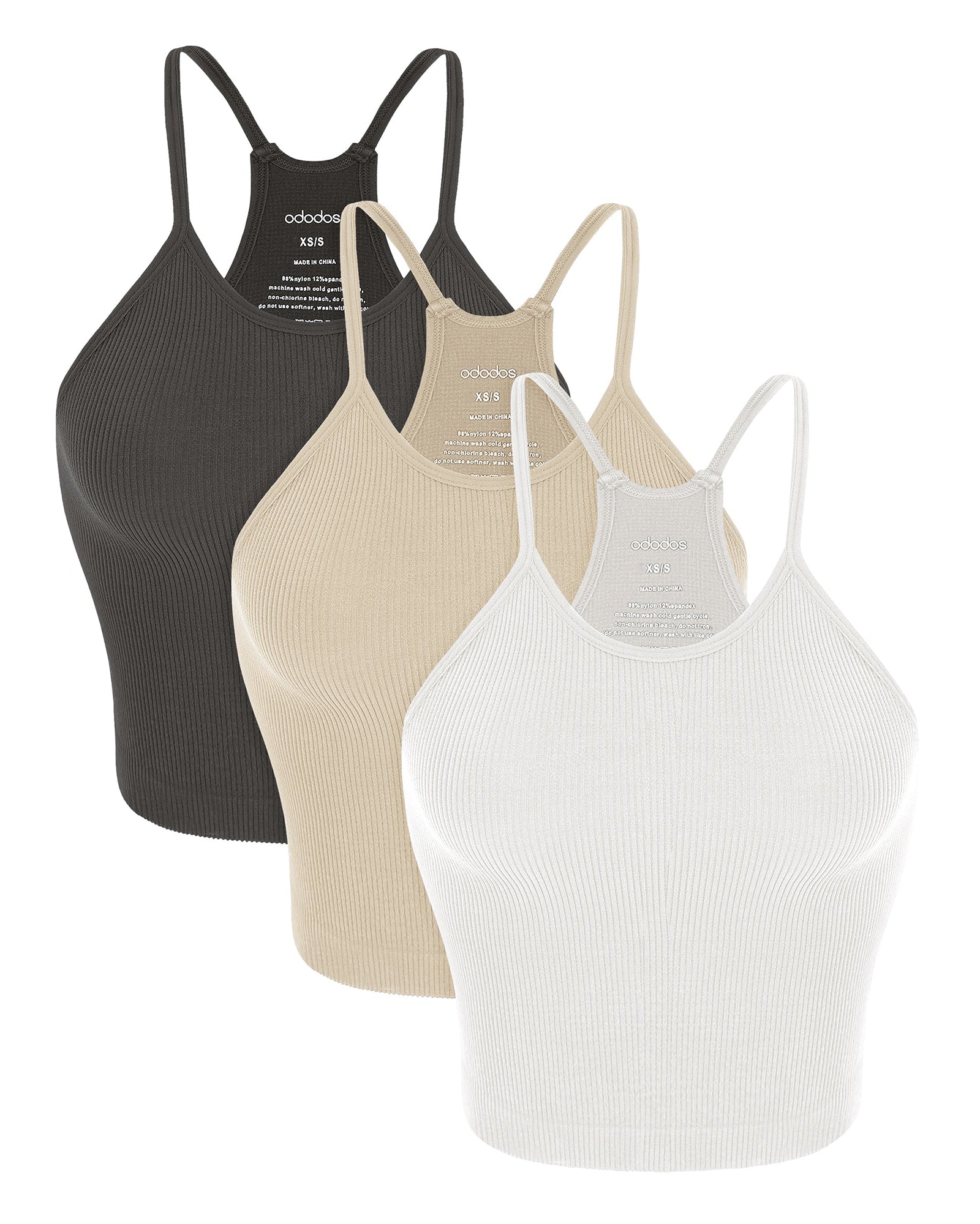 3-Pack Seamless Rib-Knit Camisole White+Charcoal+Mushroom - ododos