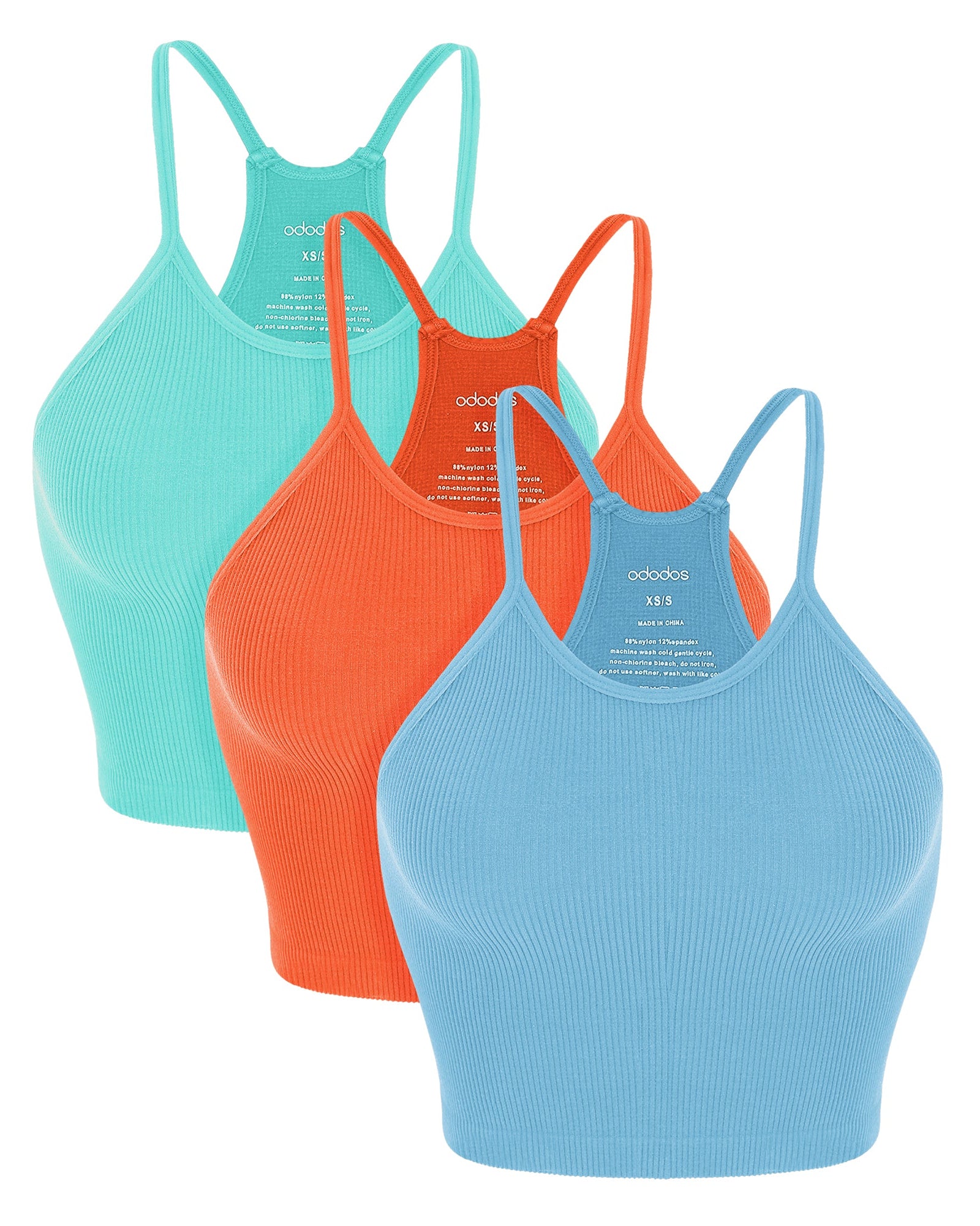 3-Pack Seamless Ribbed Crop Camisole Aqua+Orange+Cyan Blue - ododos