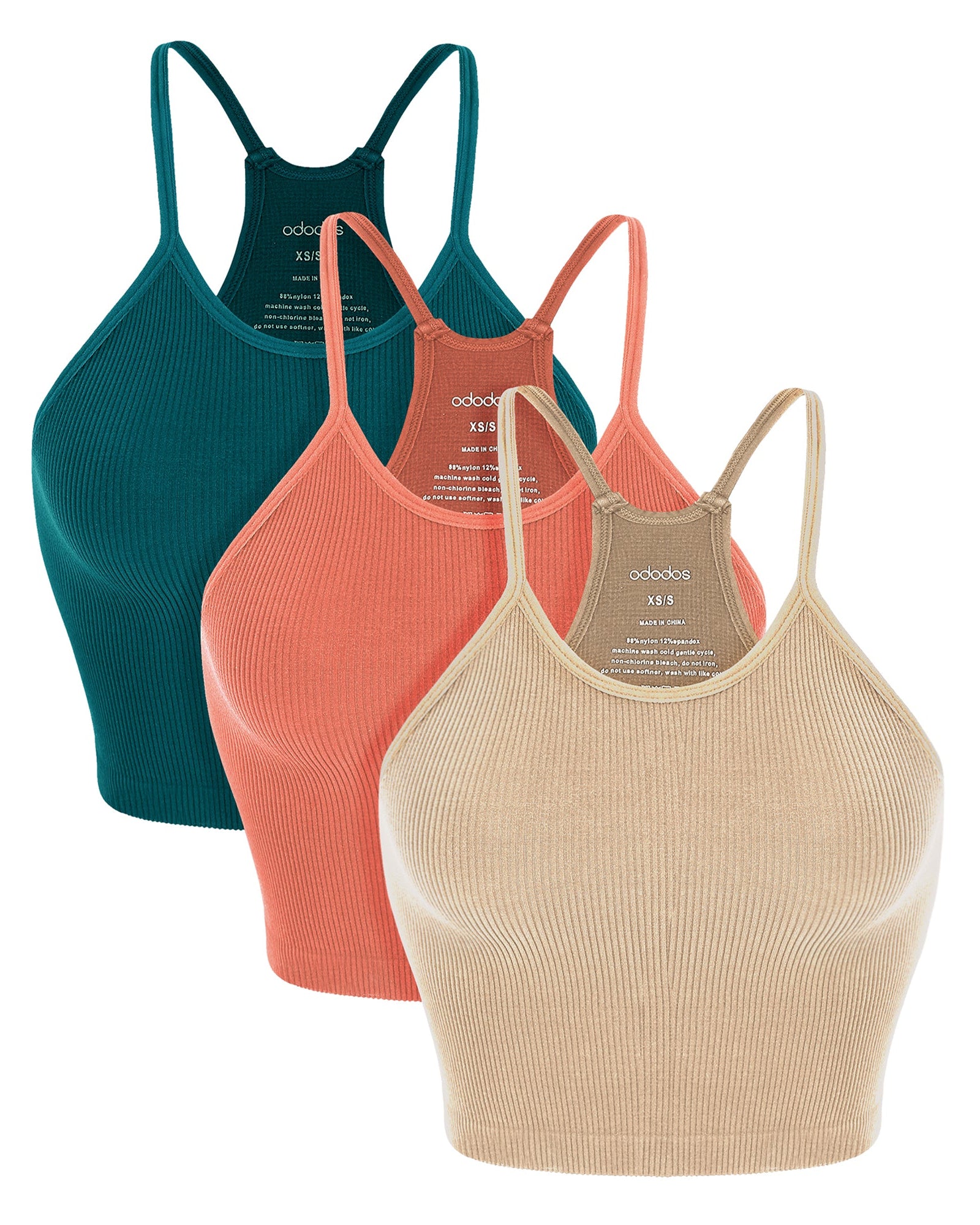 3-Pack Seamless Ribbed Crop Camisole Beige+Coral+Teal - ododos