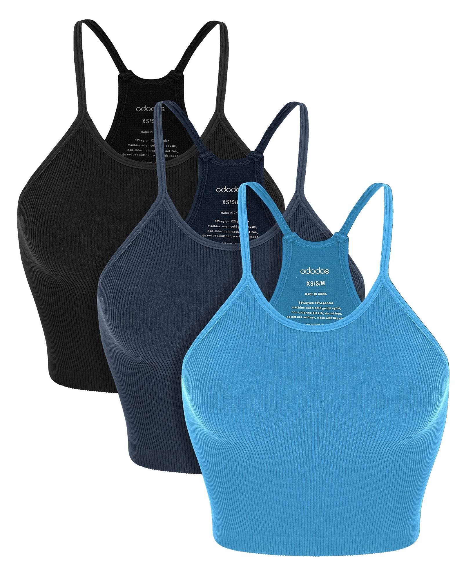 3-Pack Seamless Ribbed Crop Camisole Black+Navy+Blue - ododos