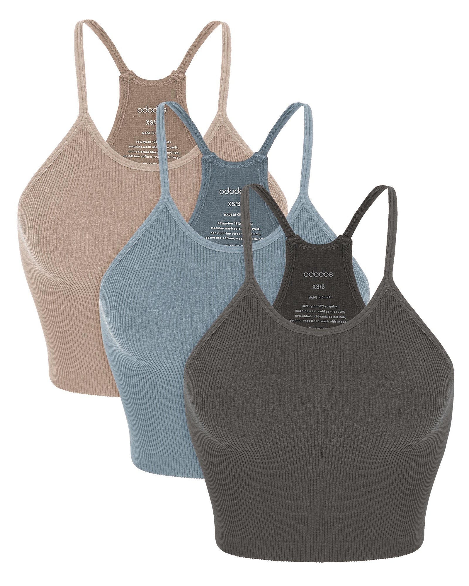 3-Pack Seamless Ribbed Crop Camisole Charcoal+Dusty Blue+Bark - ododos