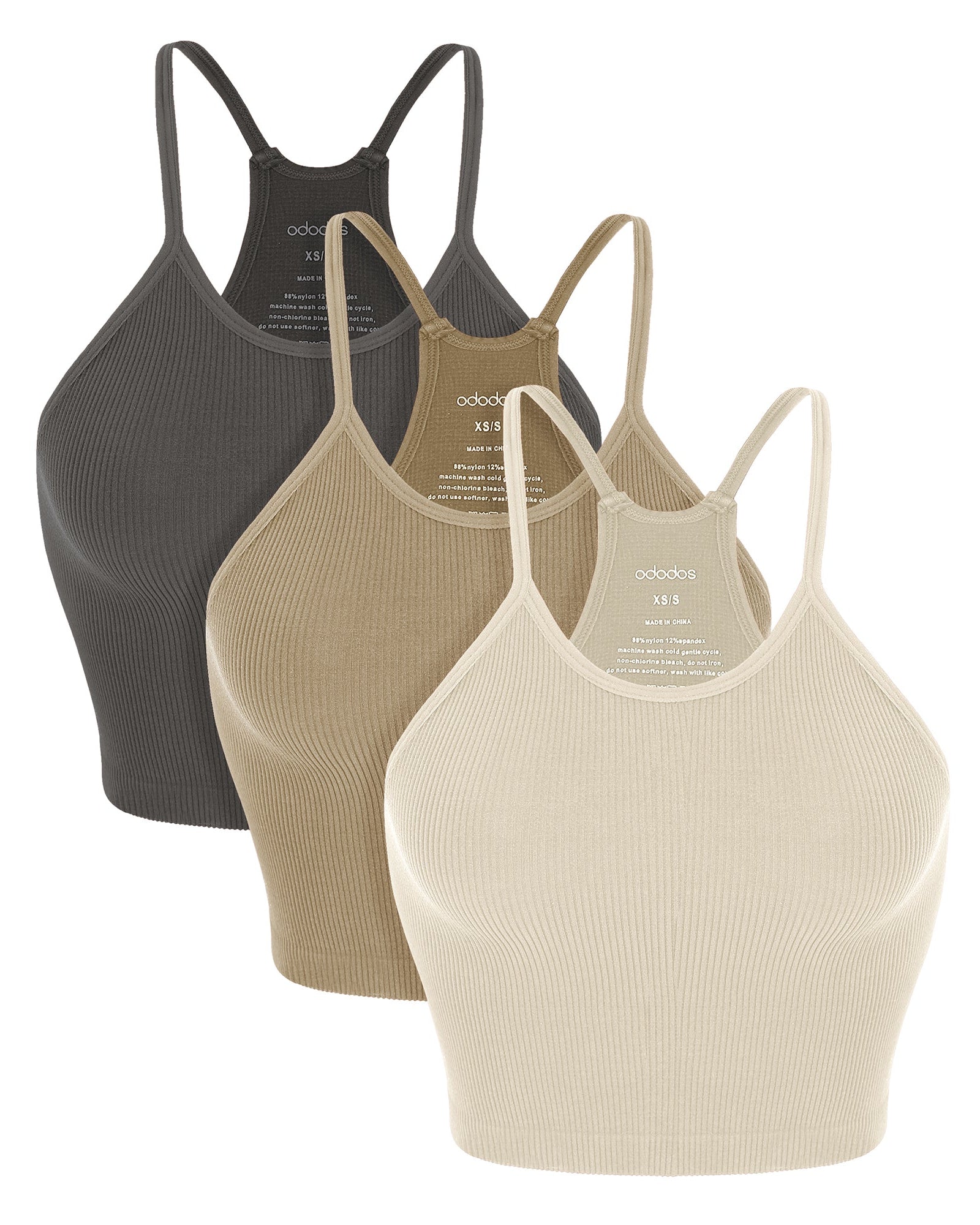 3-Pack Seamless Ribbed Crop Camisole Mushroom+Taupe+Charcoal - ododos