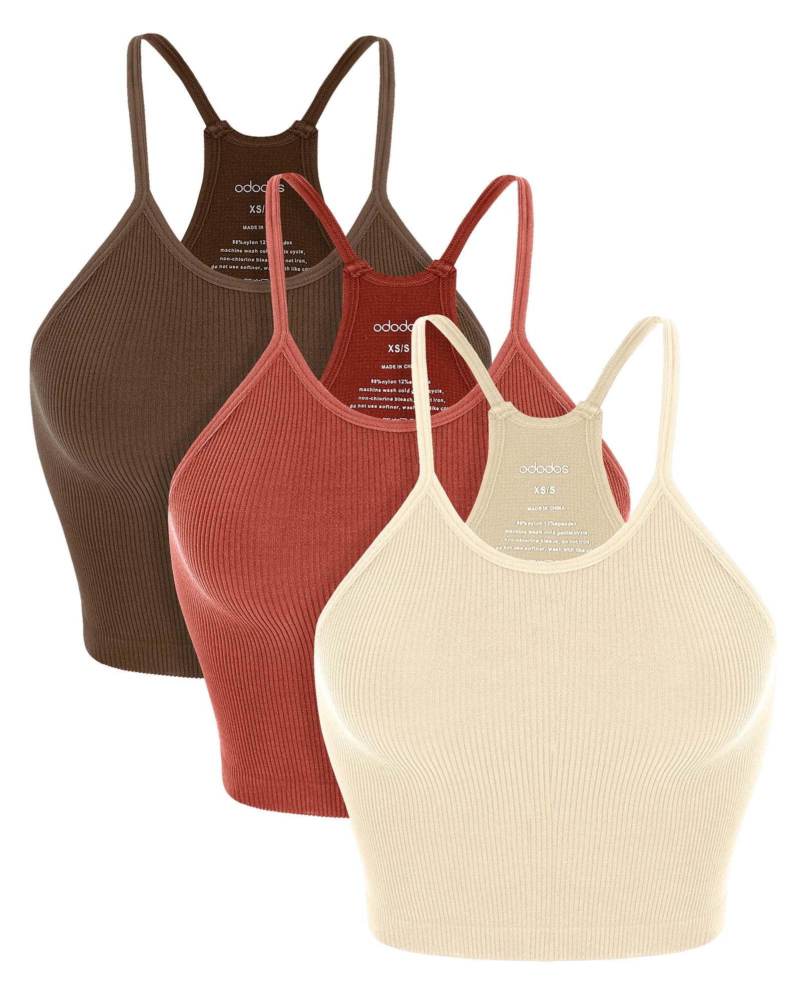 3-Pack Seamless Ribbed Crop Camisole Oatmeal+BarnRed+Brunette - ododos