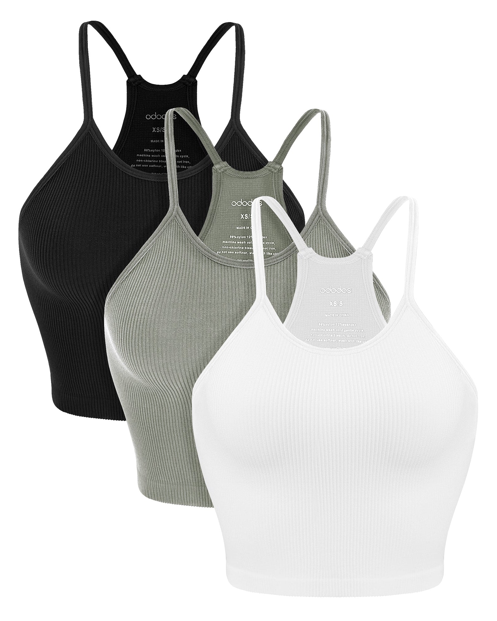 3-Pack Seamless Ribbed Crop Camisole White+Gray+Black - ododos