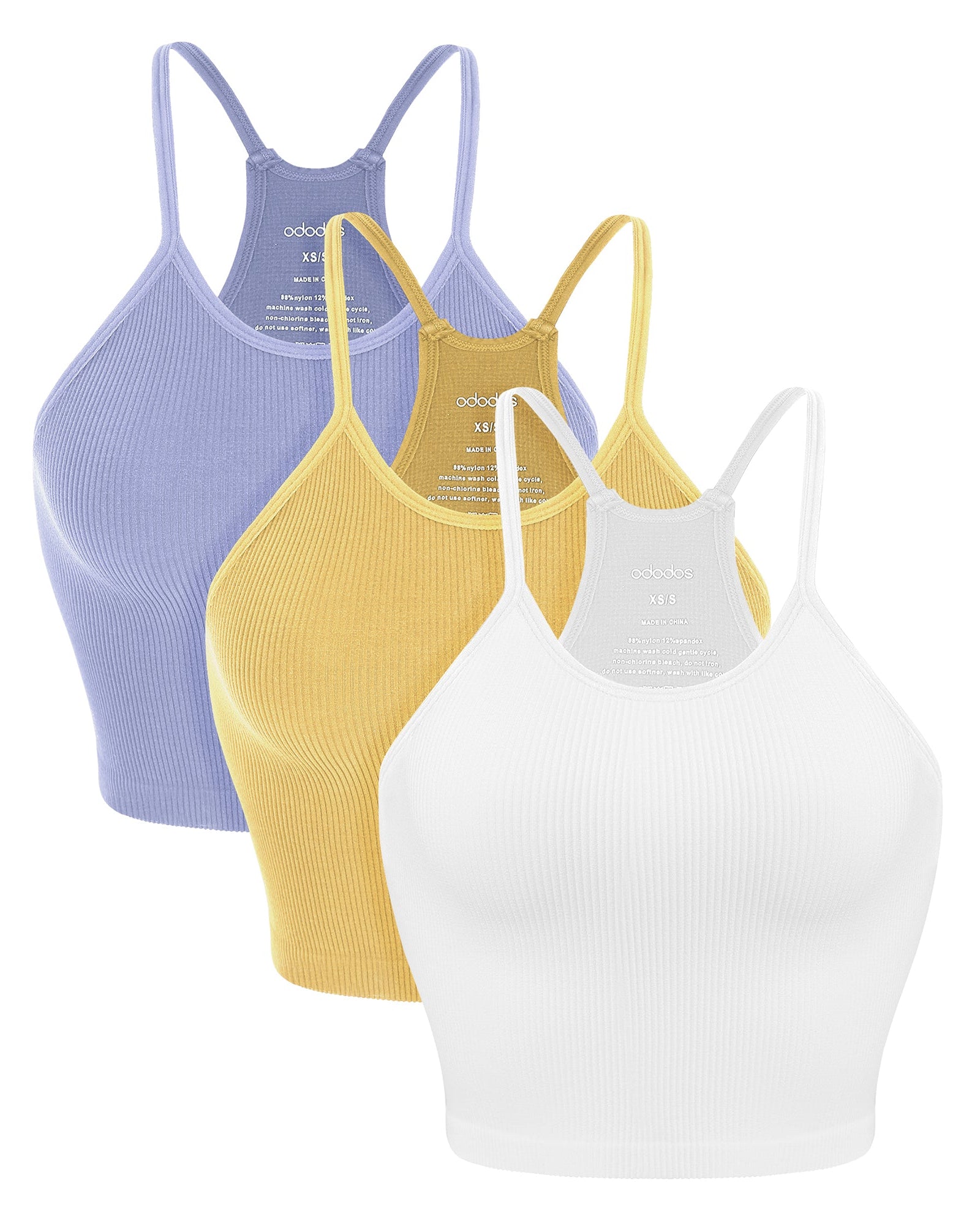 3-Pack Seamless Ribbed Crop Camisole White+Purple+Yellow - ododos