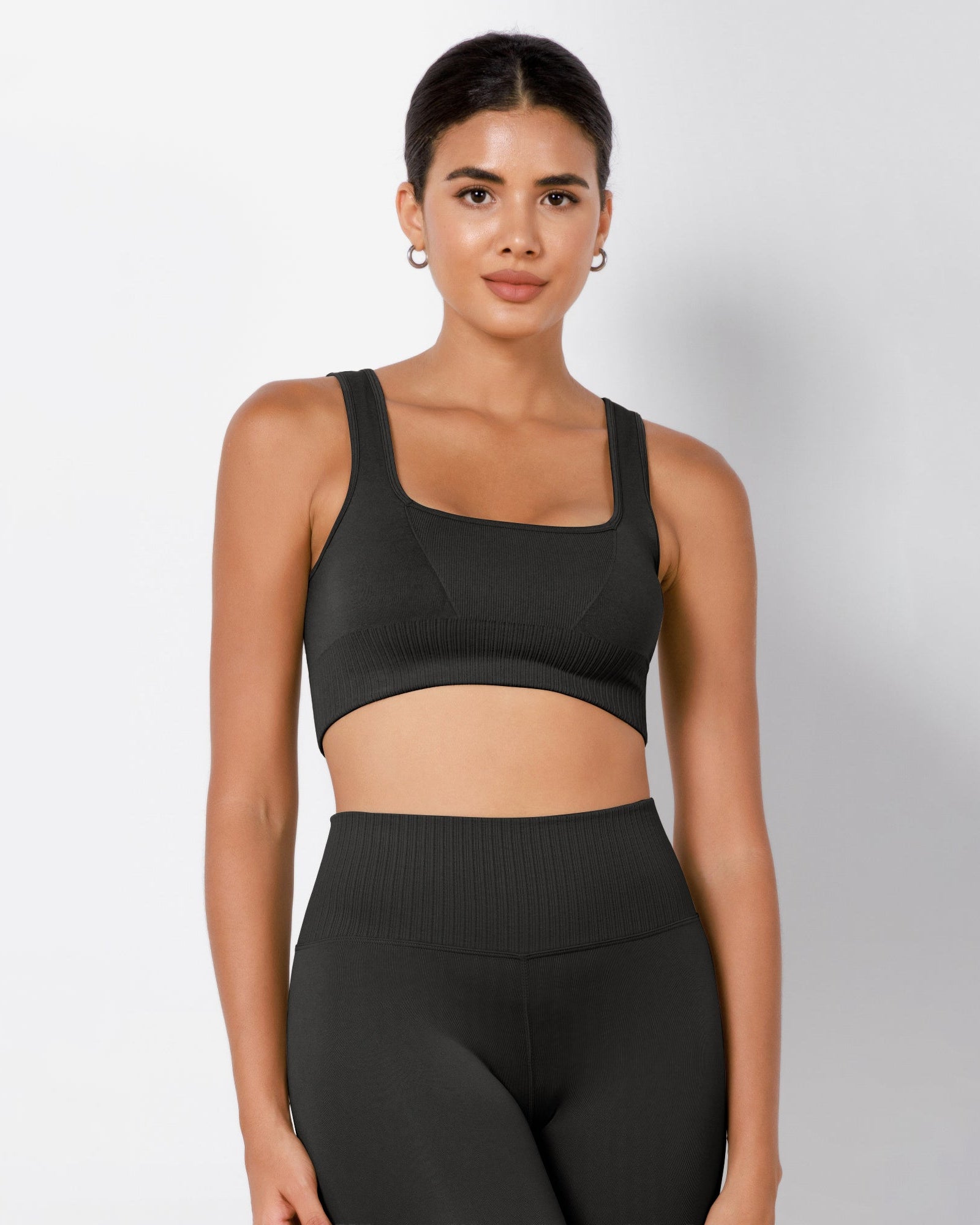 Ribbed Square Neck Sports Bra Black - ododos