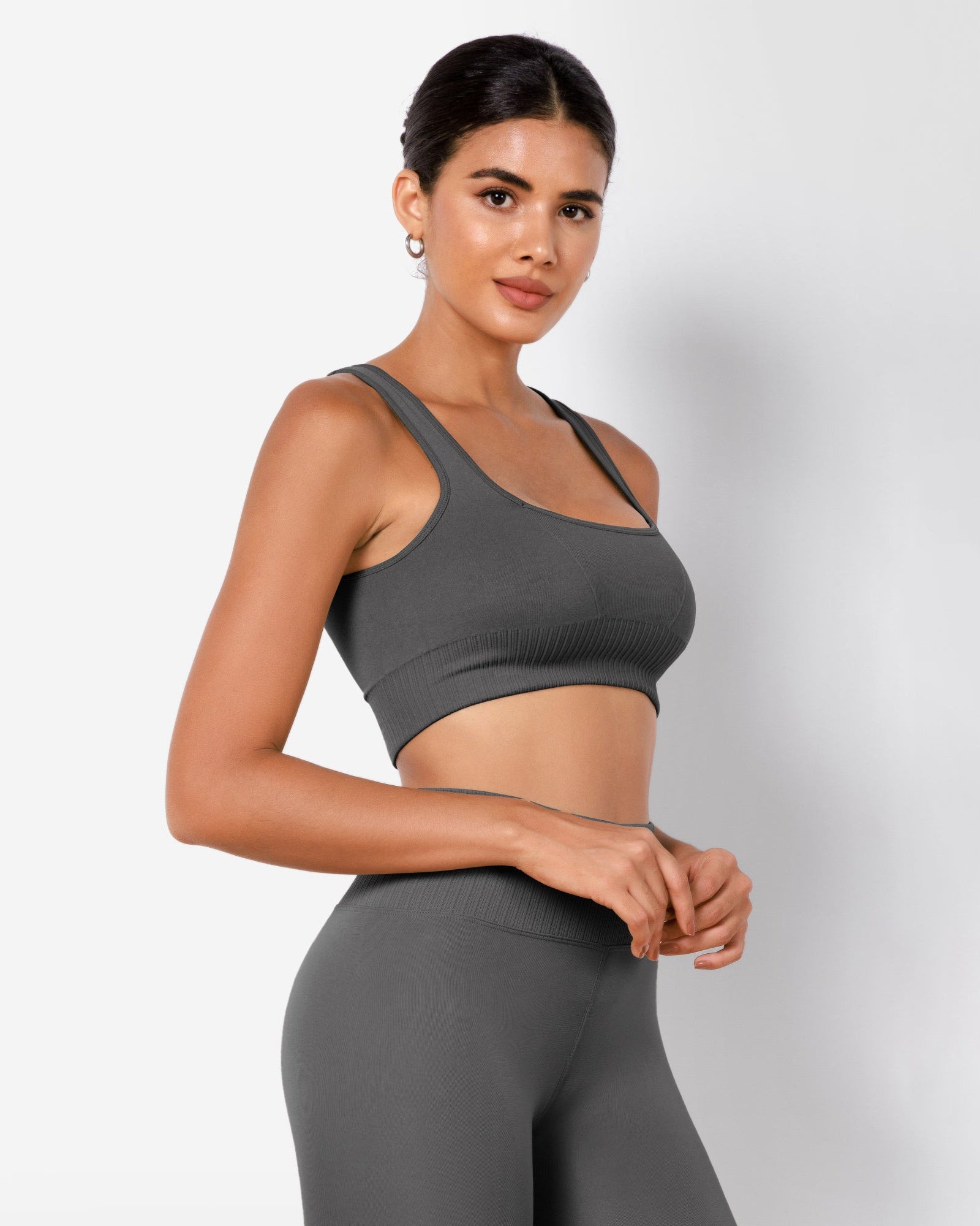 Ribbed Square Neck Sports Bra Charcoal - ododos