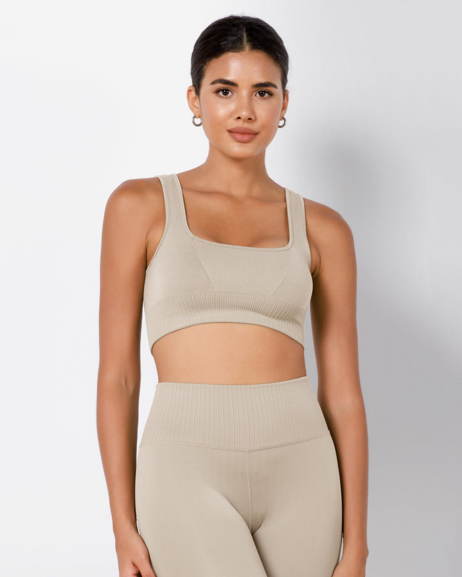 Ribbed Square Neck Sports Bra Mushroom - ododos