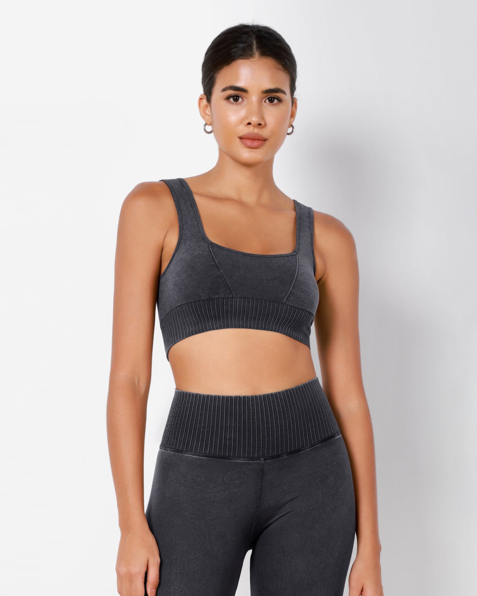 Ribbed Square Neck Sports Bra Stone Washing Black - ododos