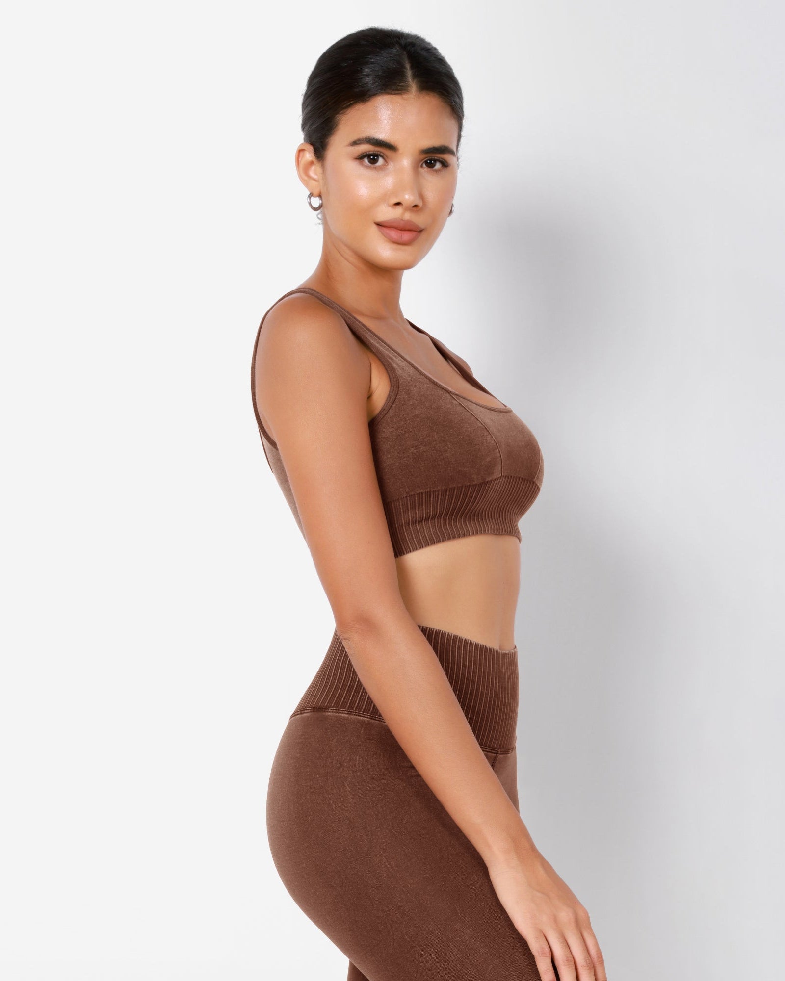 Ribbed Square Neck Sports Bra Stone Washing Brown - ododos
