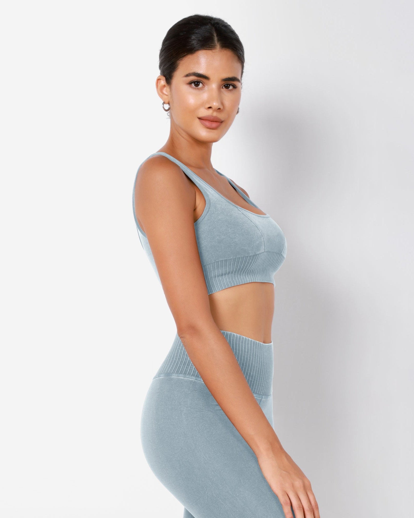 Ribbed Square Neck Sports Bra Stone Washing Coast Line - ododos