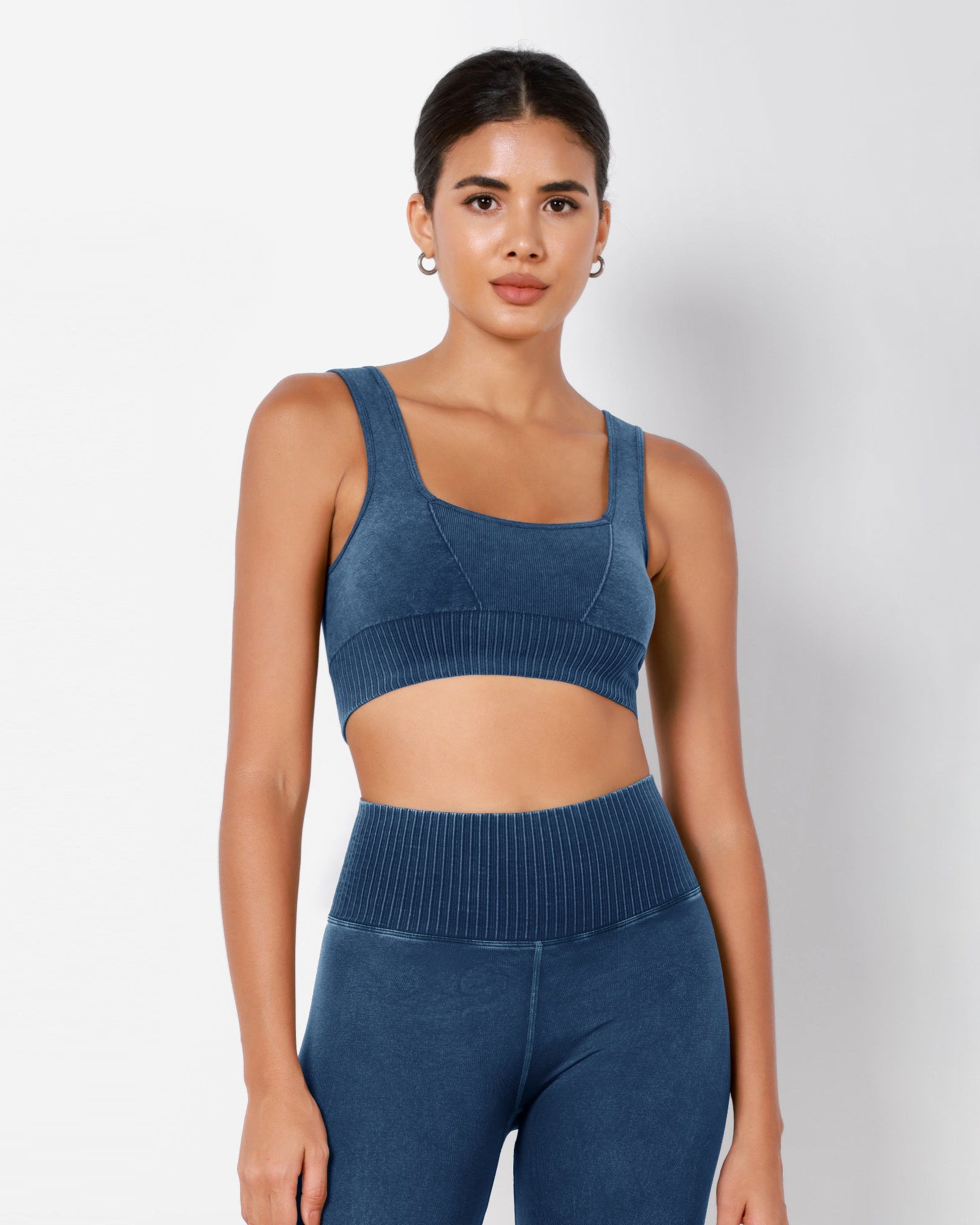 Ribbed Square Neck Sports Bra Stone Washing Cobalt Blue - ododos