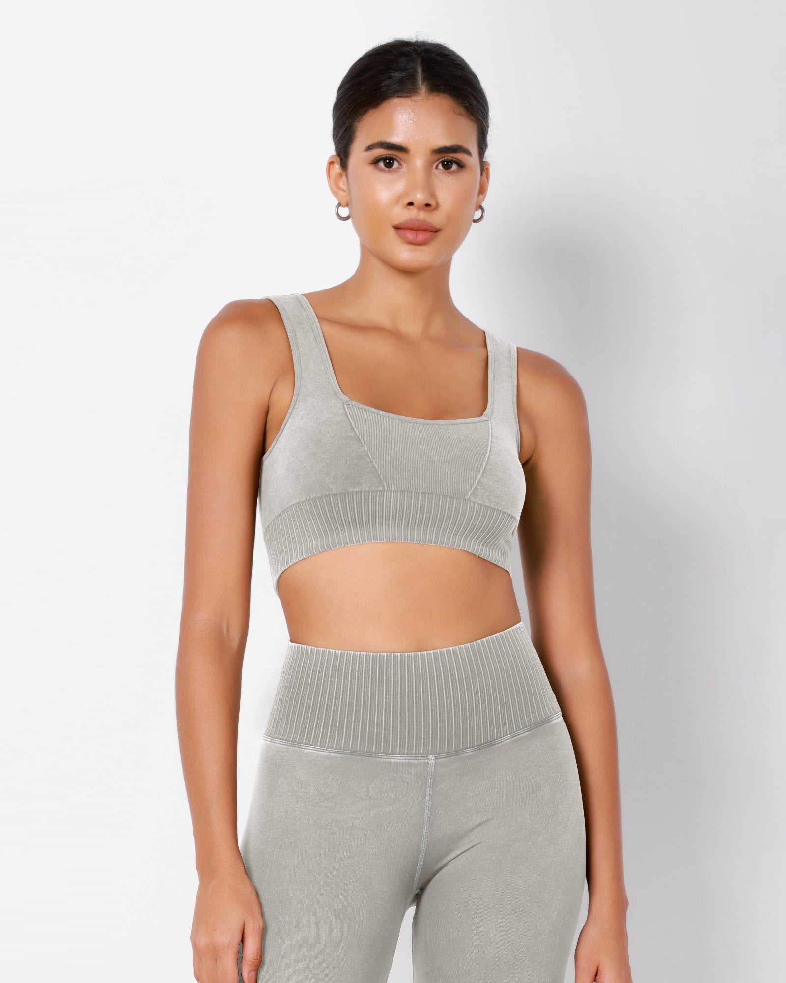 Ribbed Square Neck Sports Bra Stone Washing Grey - ododos