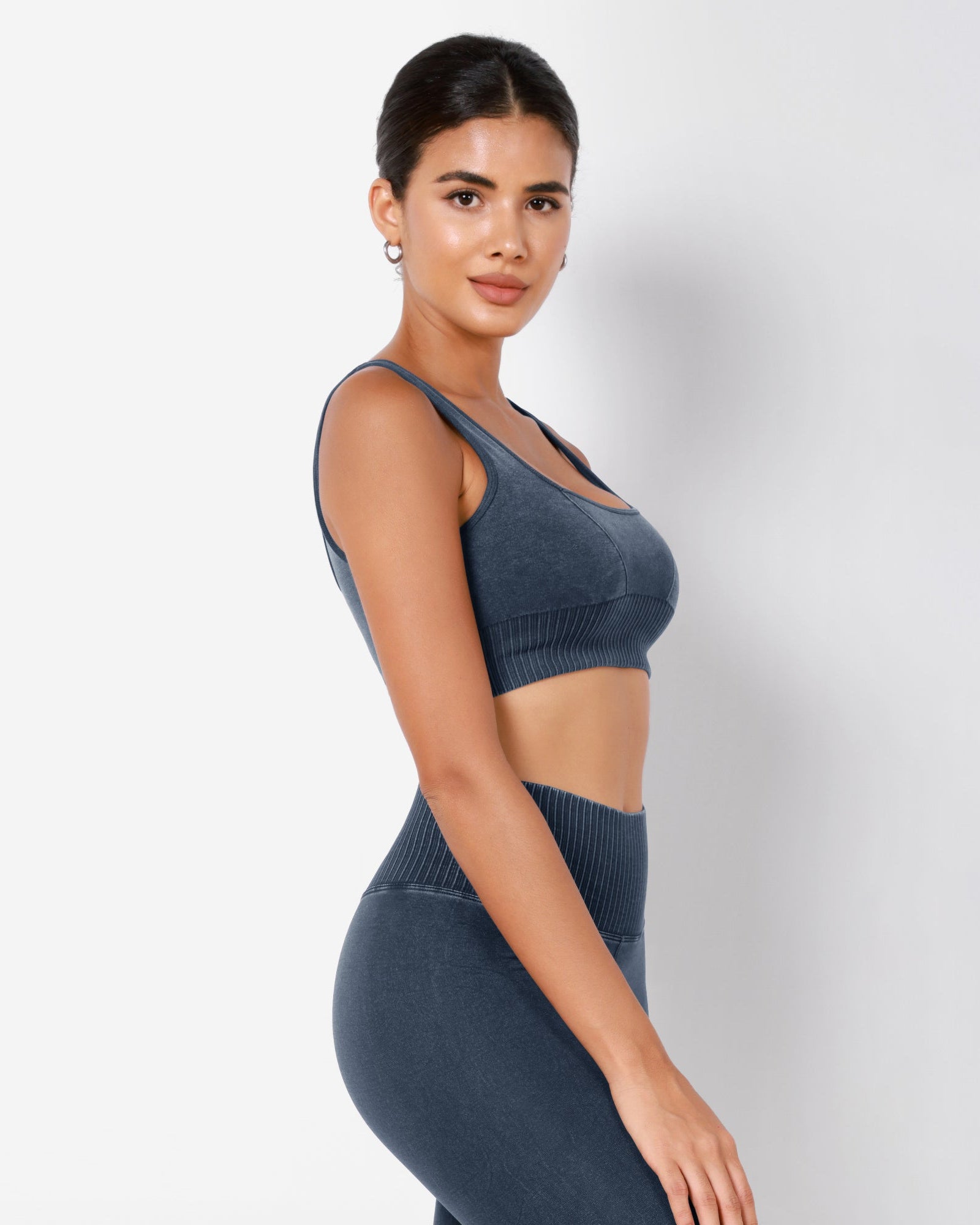 Ribbed Square Neck Sports Bra Stone Washing Navy - ododos