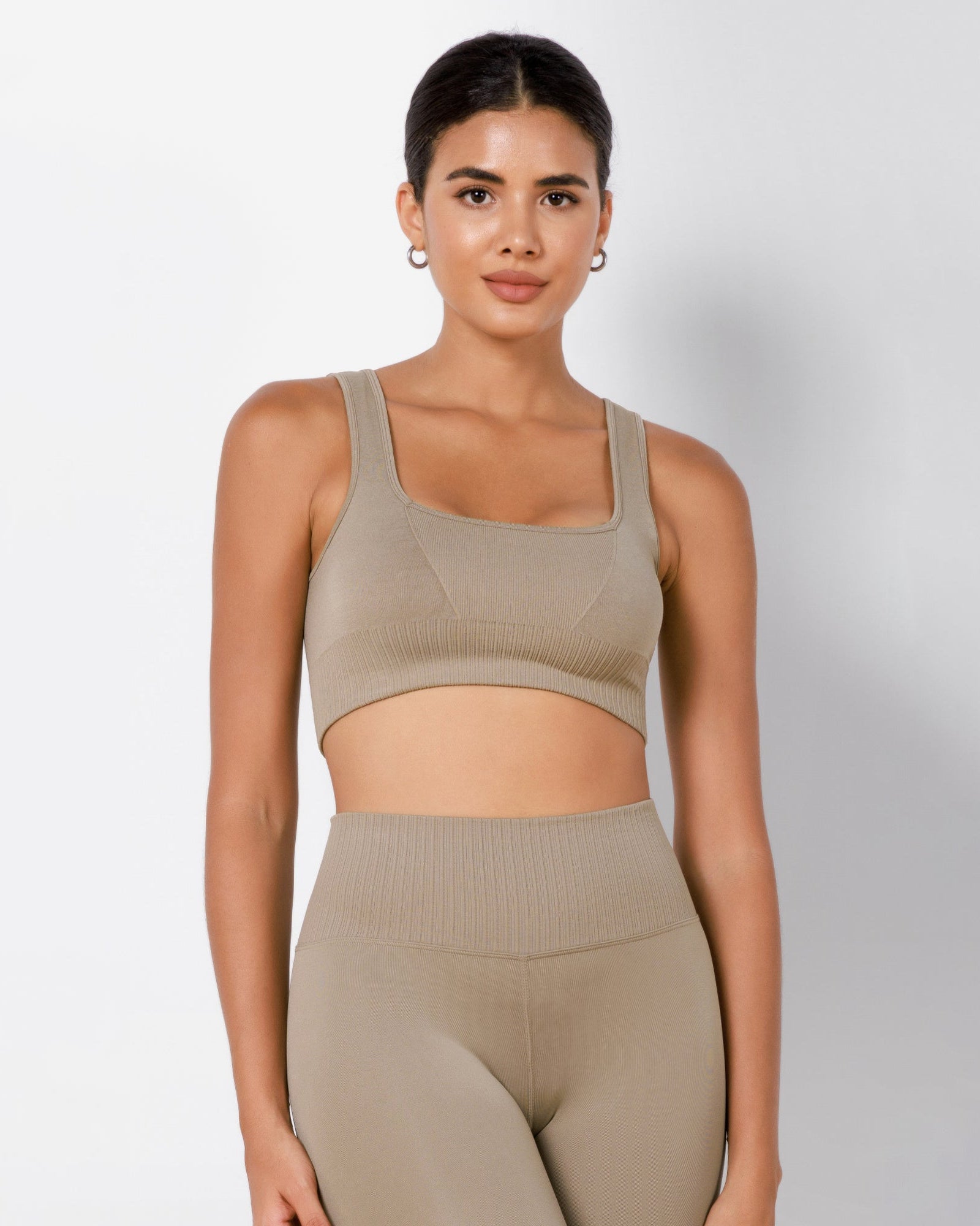 Ribbed Square Neck Sports Bra Taupe - ododos