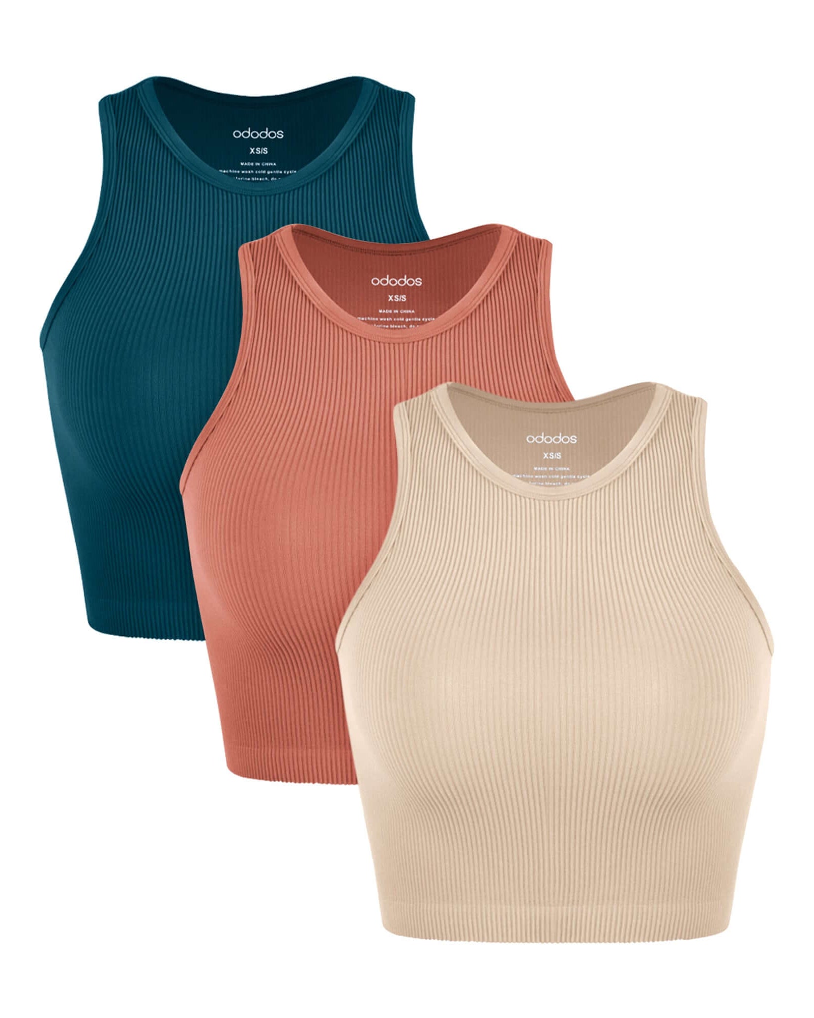 3-Pack Seamless Ribbed High Neck Cropped Tank Tops Beige+Coral+Teal - ododos
