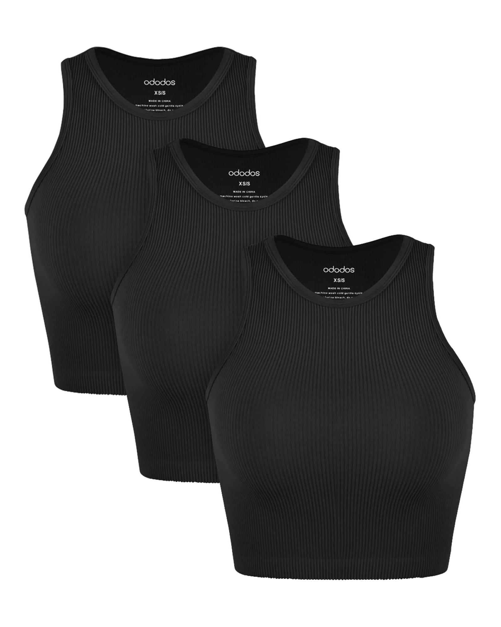 3-Pack Seamless Ribbed High Neck Cropped Tank Tops Black+Black+Black - ododos