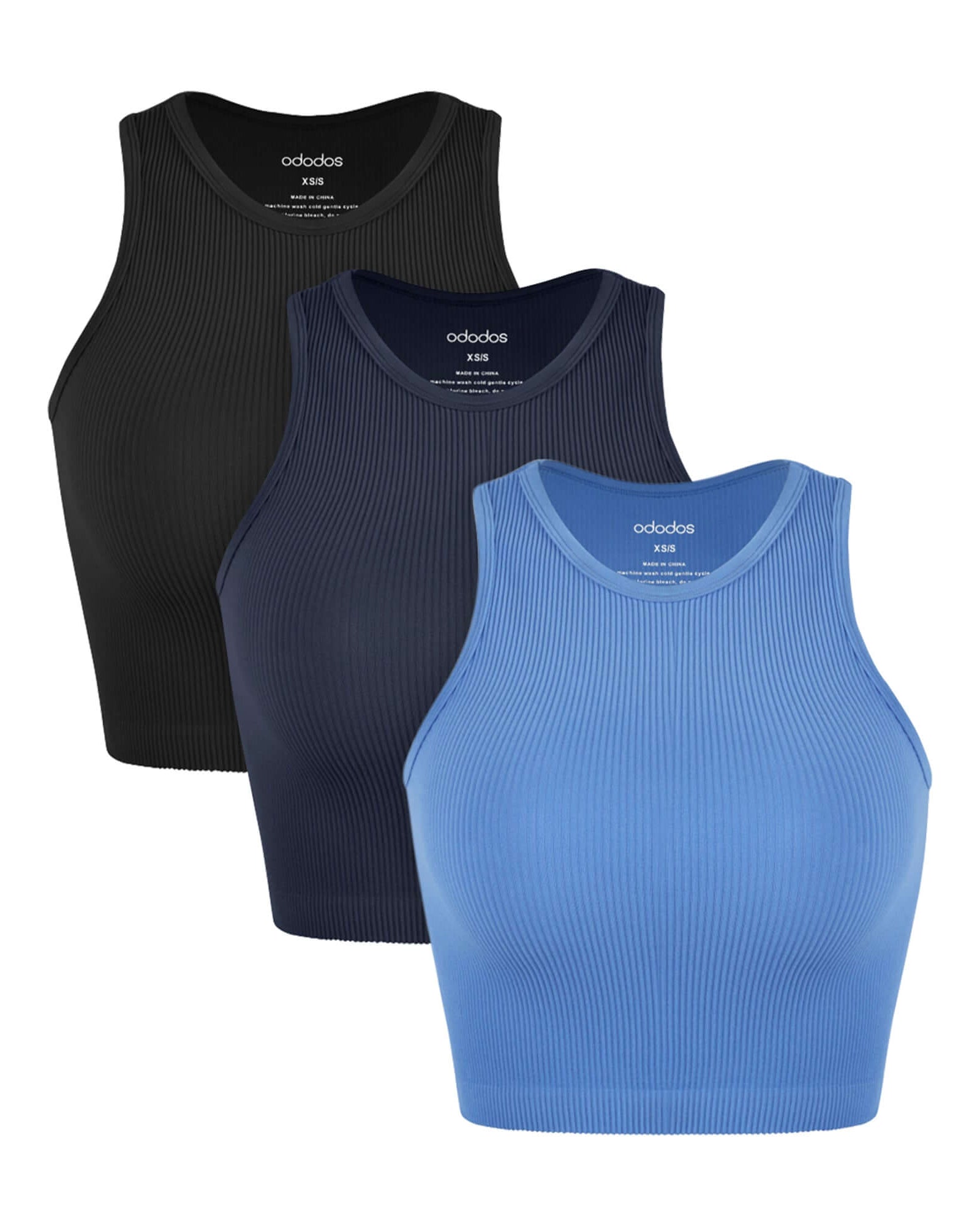 3-Pack Seamless Ribbed High Neck Cropped Tank Tops Black+Navy+Blue - ododos