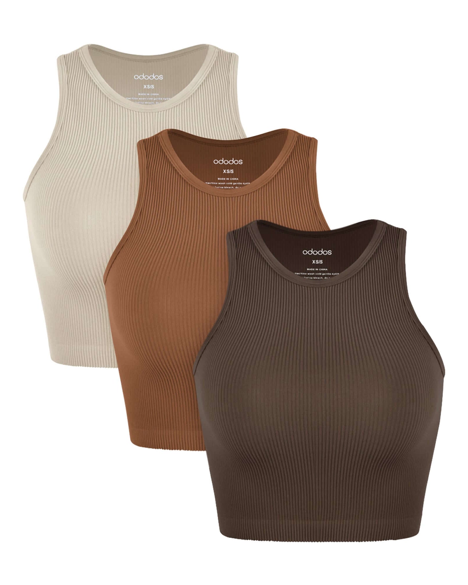 3-Pack Seamless Ribbed High Neck Cropped Tank Tops Brunette+Clay+Mushroom - ododos
