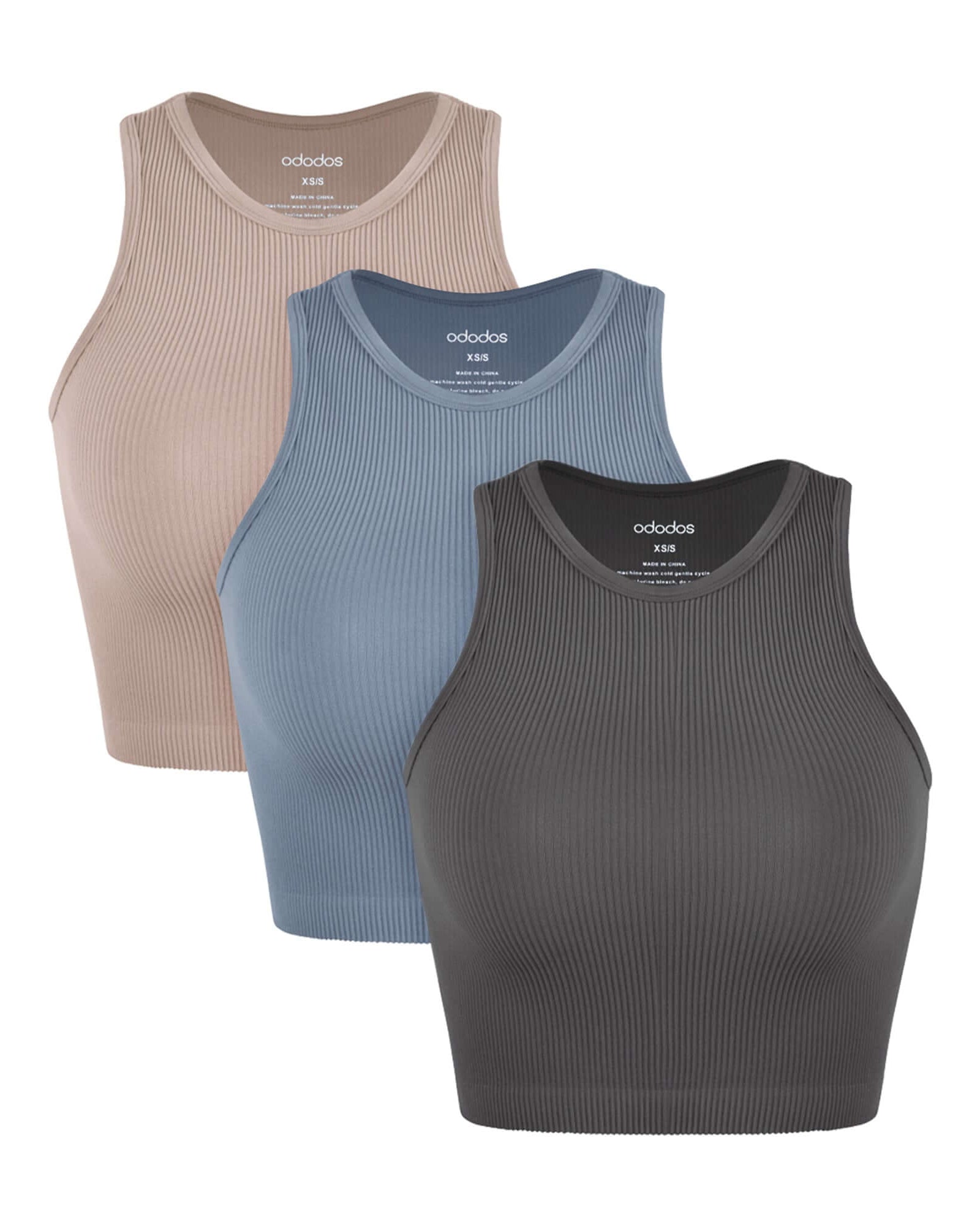 3-Pack Seamless Ribbed High Neck Cropped Tank Tops Charcoal+Dusty Blue+Bark - ododos
