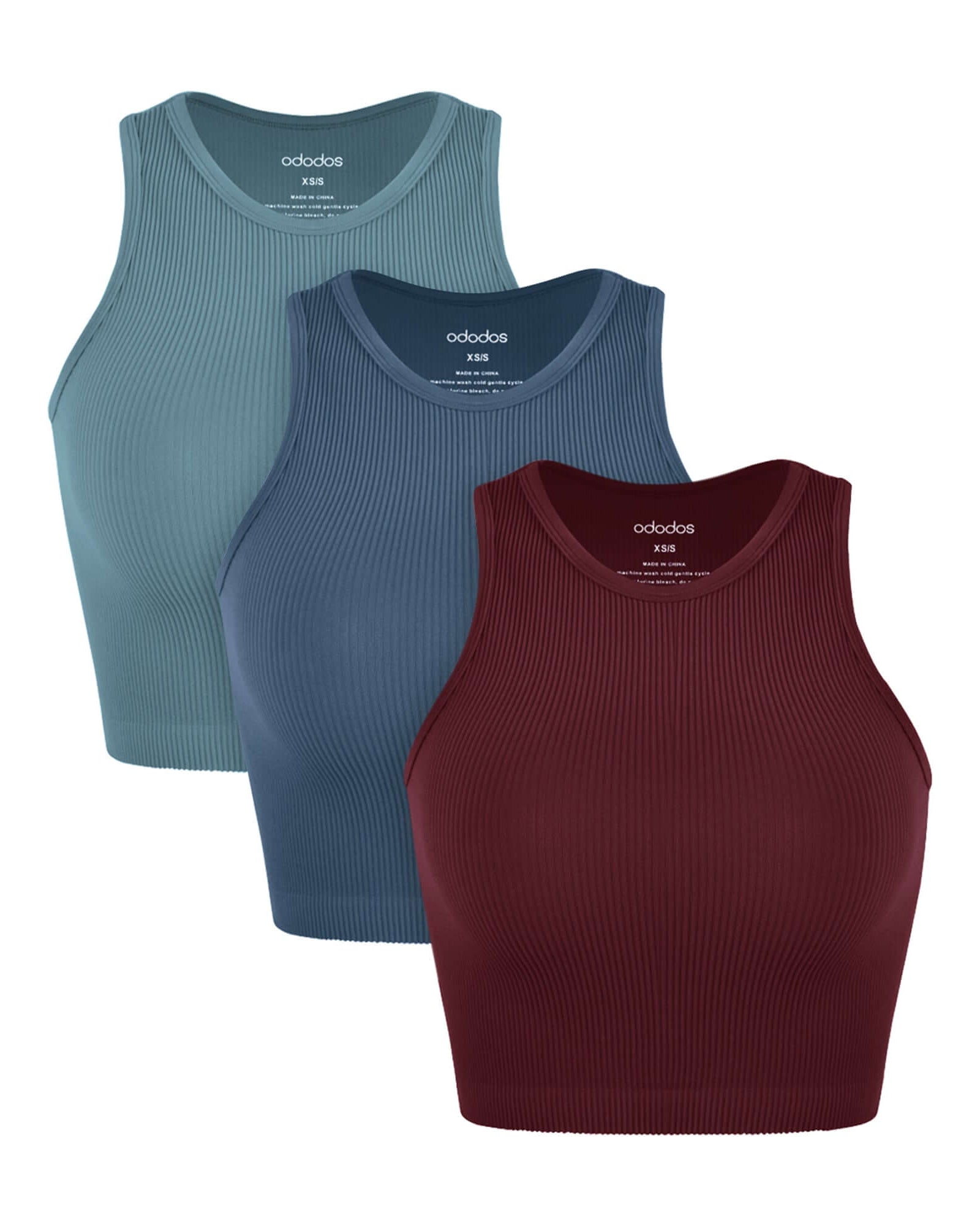 3-Pack Seamless Ribbed High Neck Cropped Tank Tops Claret+Ocean+Sky Blue - ododos