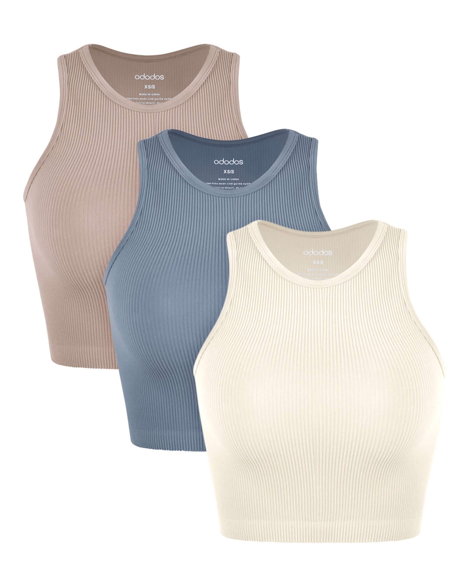 3-Pack Seamless Ribbed High Neck Cropped Tank Tops Ivory+Dusty Blue+Sphinx - ododos