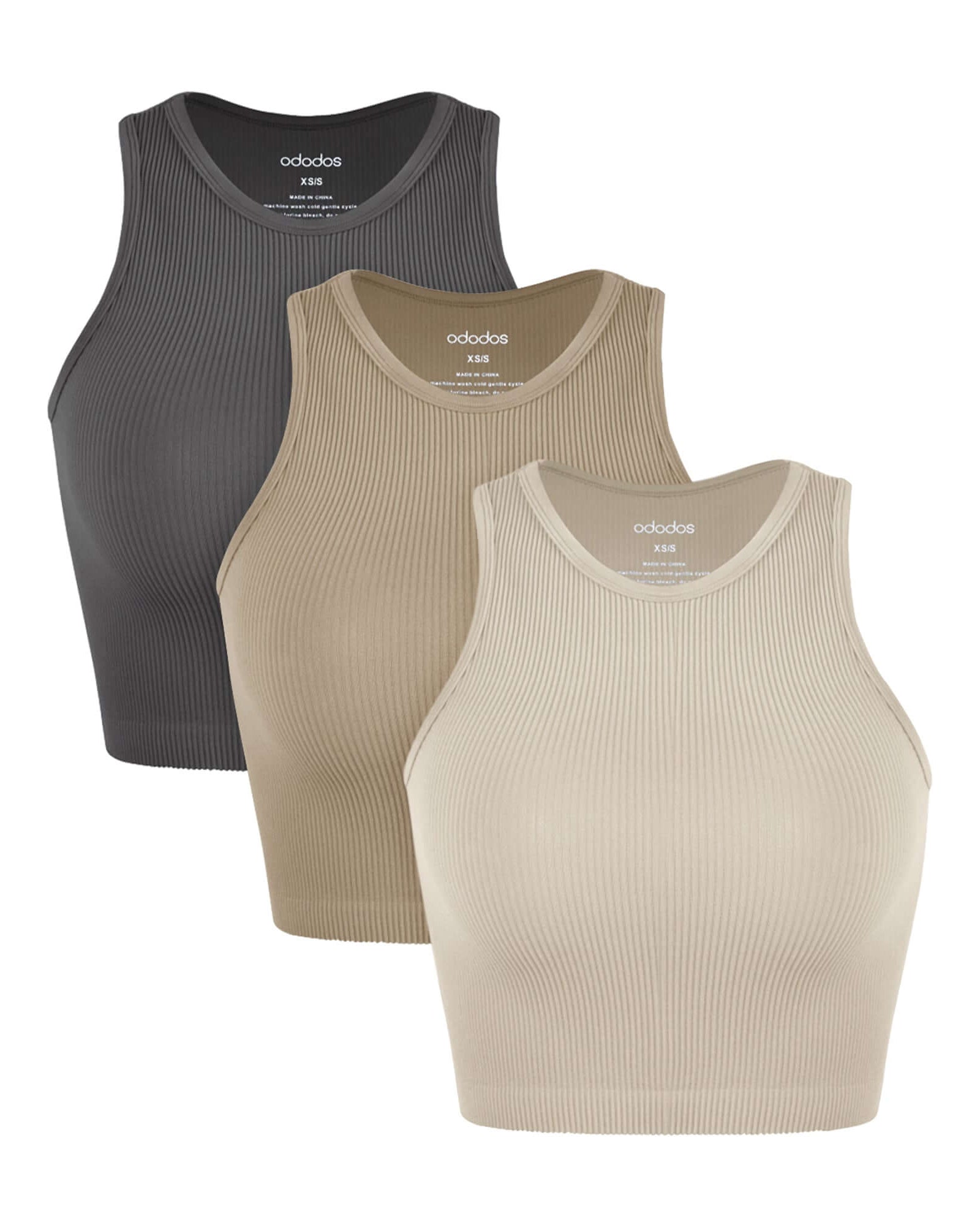 3-Pack Seamless Ribbed High Neck Cropped Tank Tops Mushroom+Taupe+Charcoal - ododos