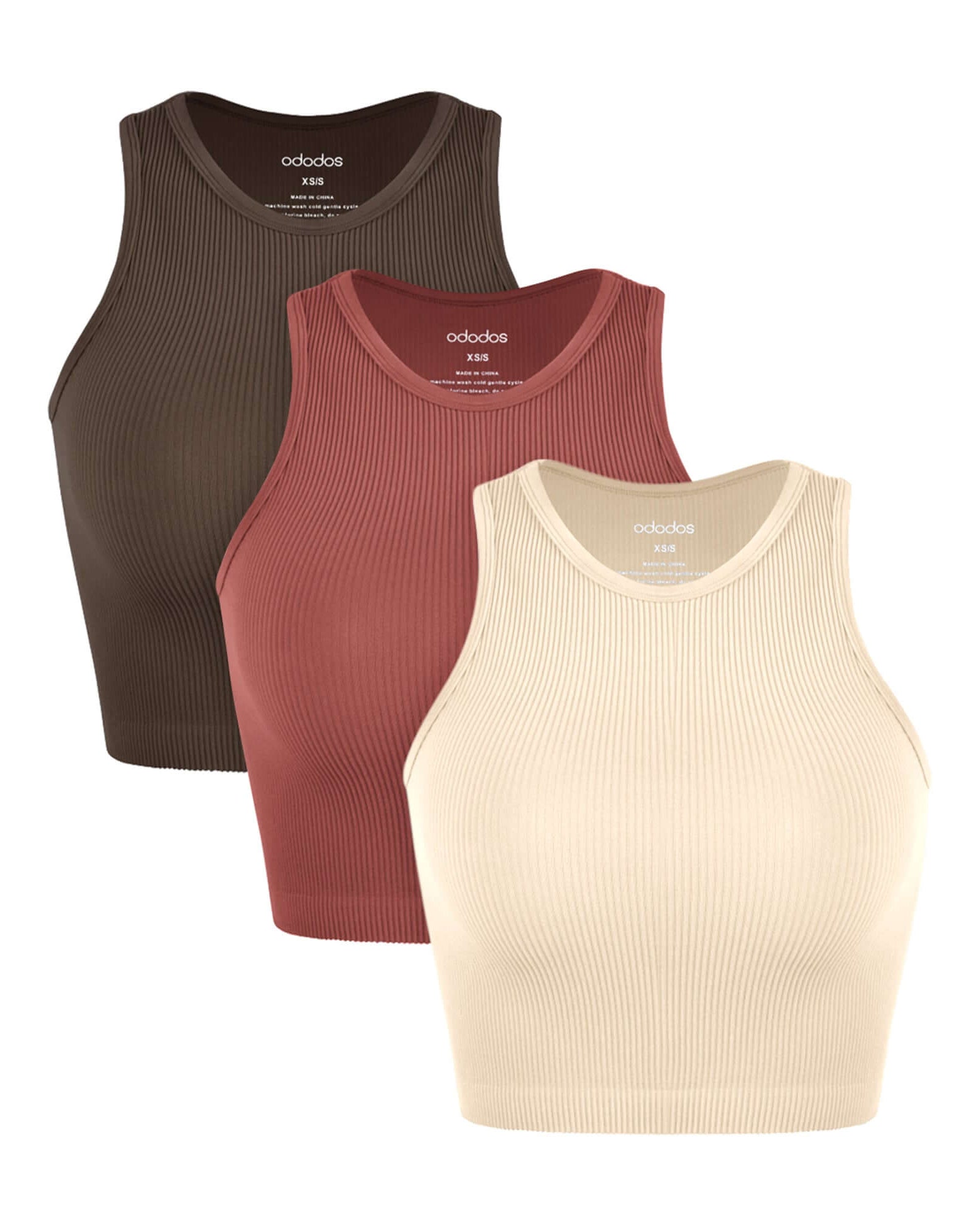 3-Pack Seamless Ribbed High Neck Cropped Tank Tops Oatmeal+Barn Red+Brunette - ododos