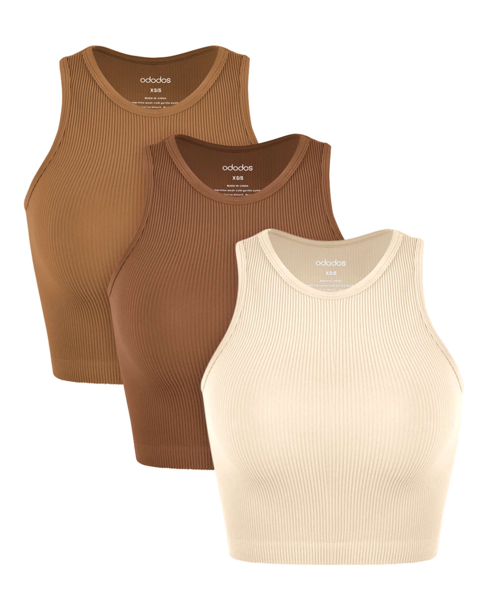 3-Pack Seamless Ribbed High Neck Cropped Tank Tops Ochre+Clay+Oatmeal - ododos