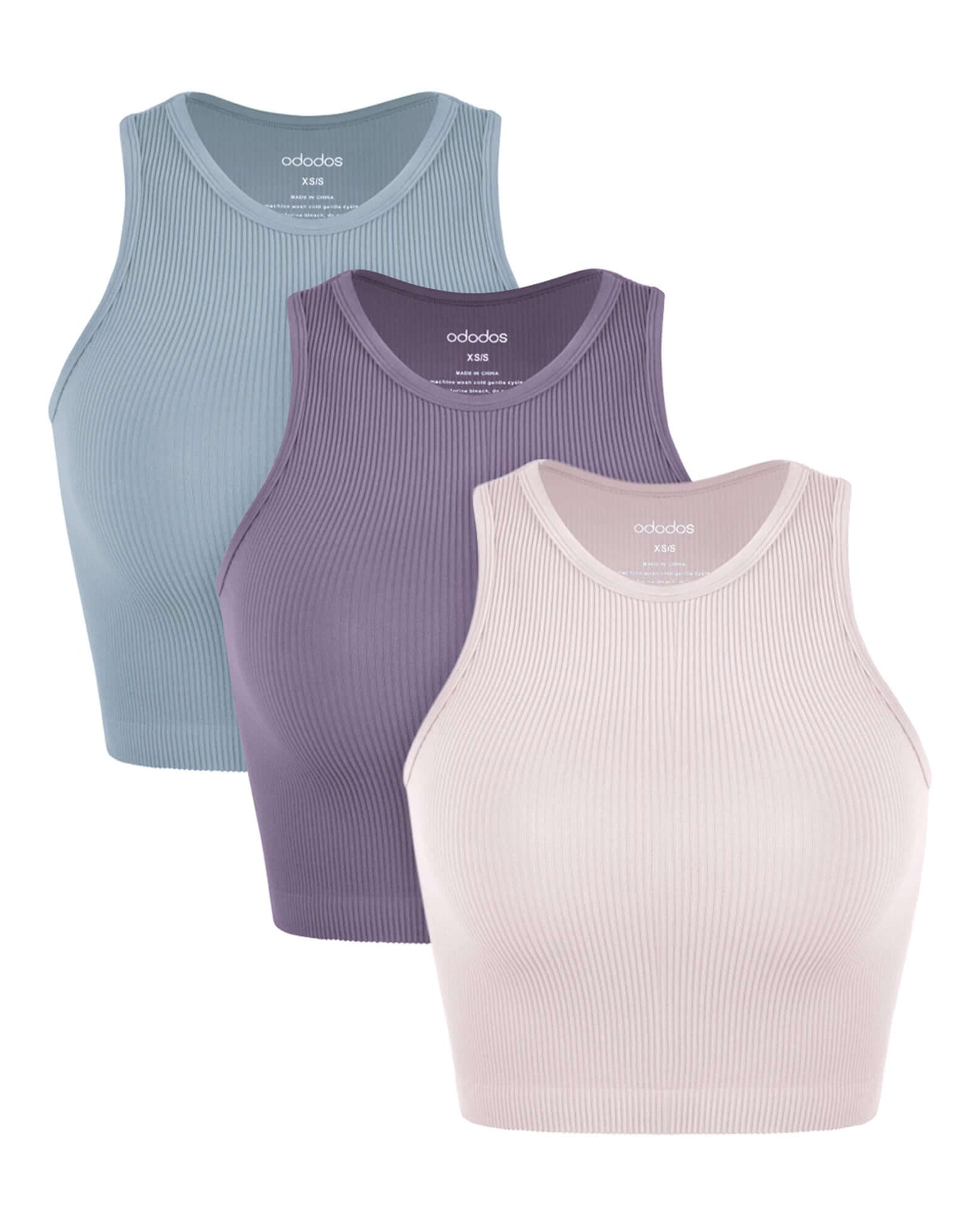 3-Pack Seamless Ribbed High Neck Cropped Tank Tops Pink Lace+Violet+Iceberg - ododos