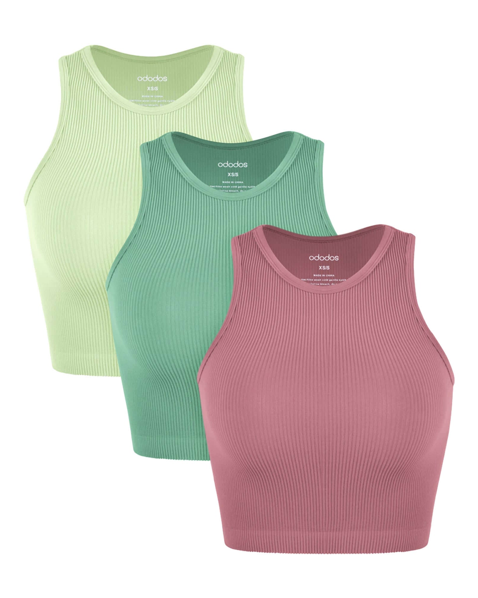 3-Pack Seamless Ribbed High Neck Cropped Tank Tops Watermelon+Emerald+Mint - ododos