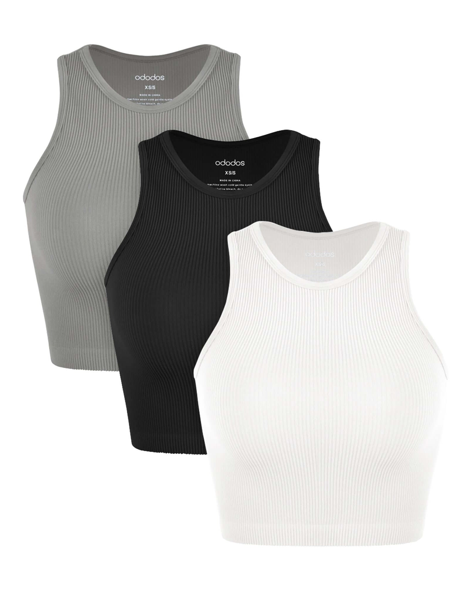 3-Pack Seamless Ribbed High Neck Cropped Tank Tops White+Black+Gray - ododos