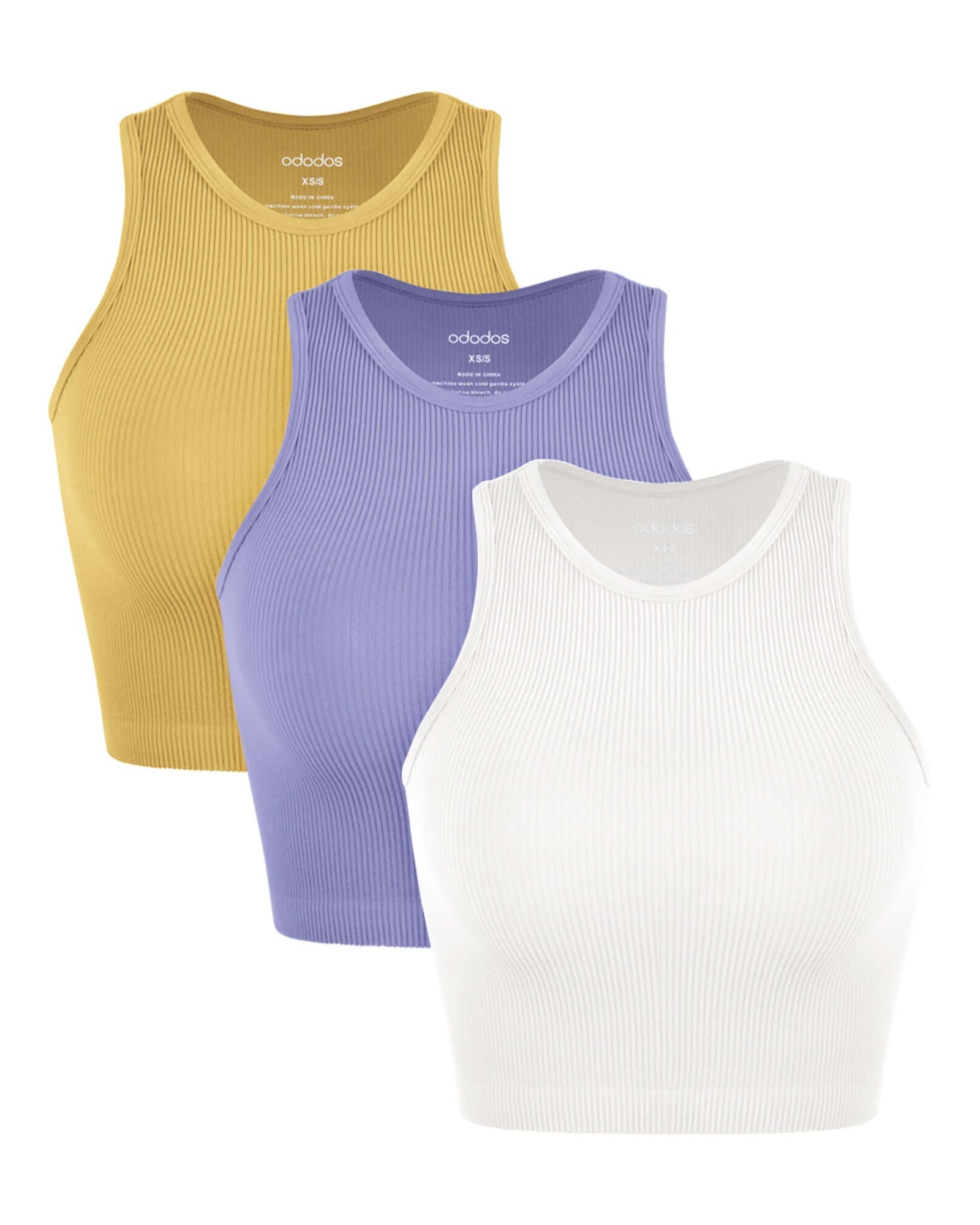 3-Pack Seamless Ribbed High Neck Cropped Tank Tops White+Purple+Yellow - ododos