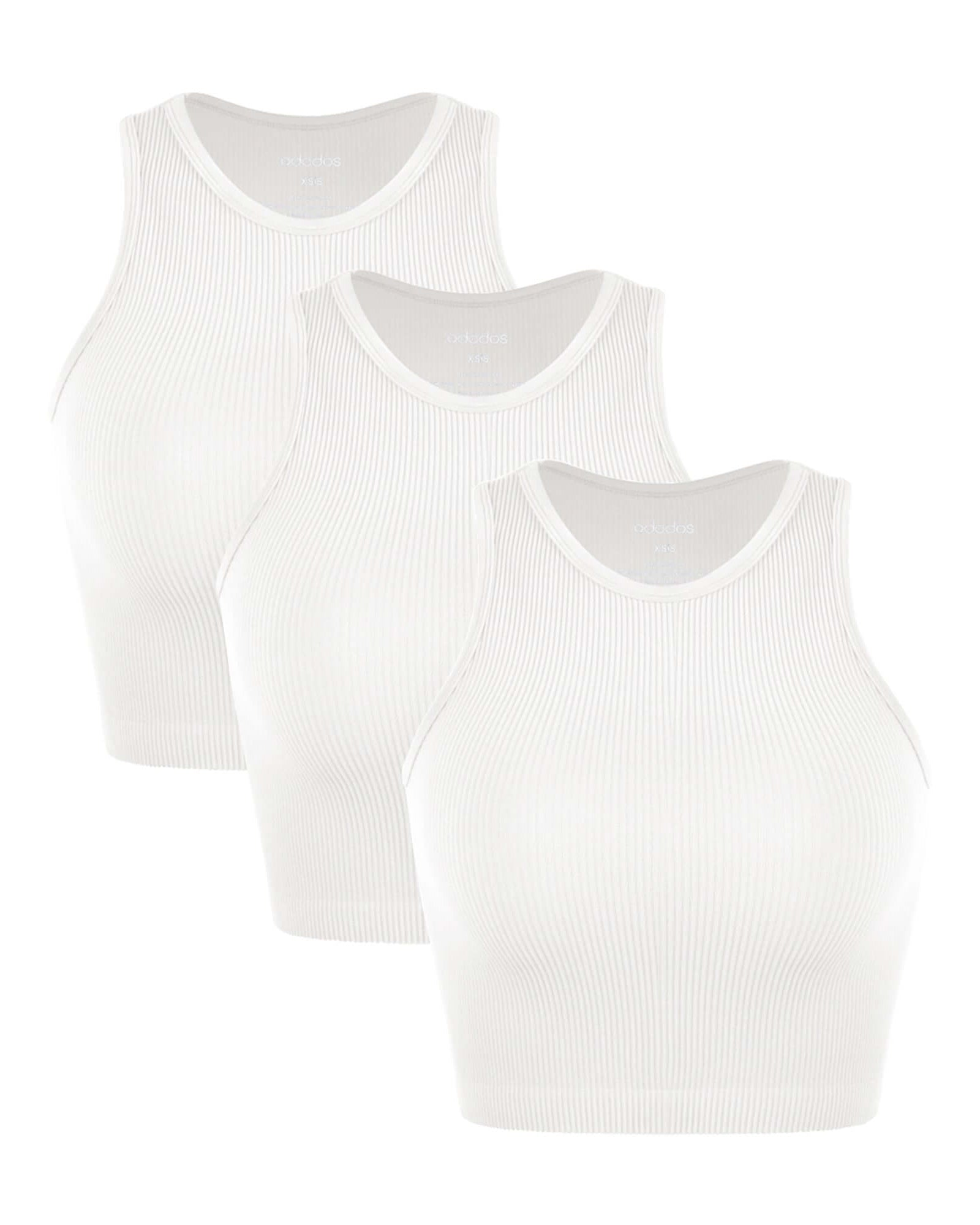 3-Pack Seamless Ribbed High Neck Cropped Tank Tops White+White+White - ododos