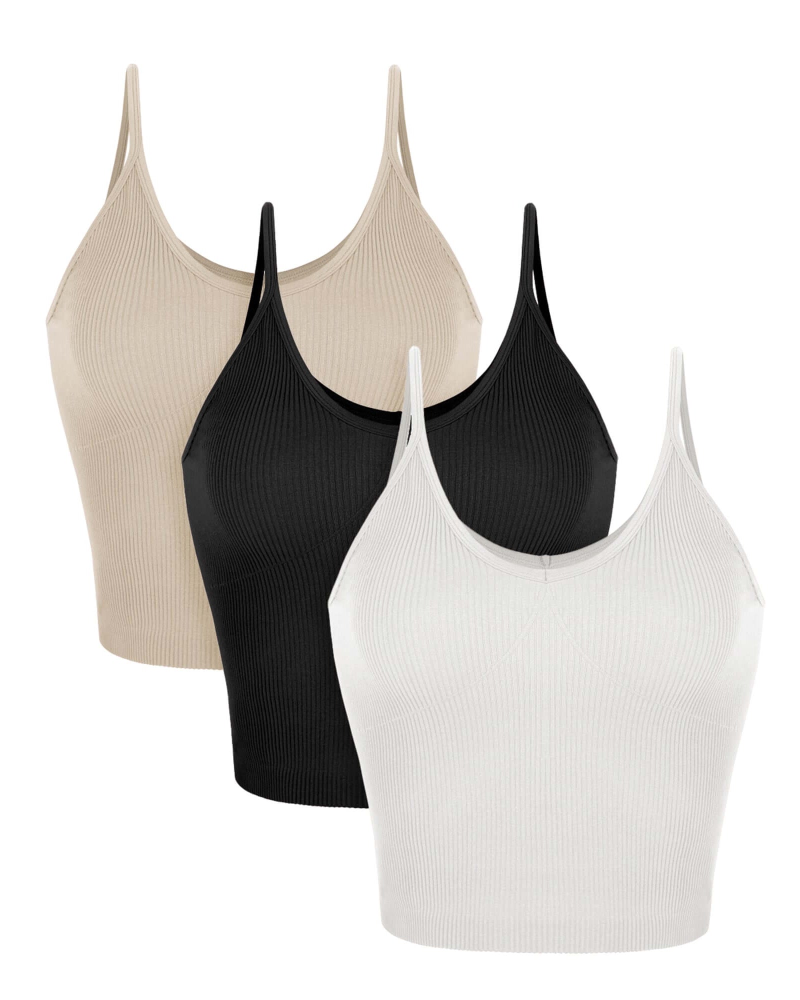 3-Pack V-Neck Seamless Crop Tank Mushroom+Black+White - ododos