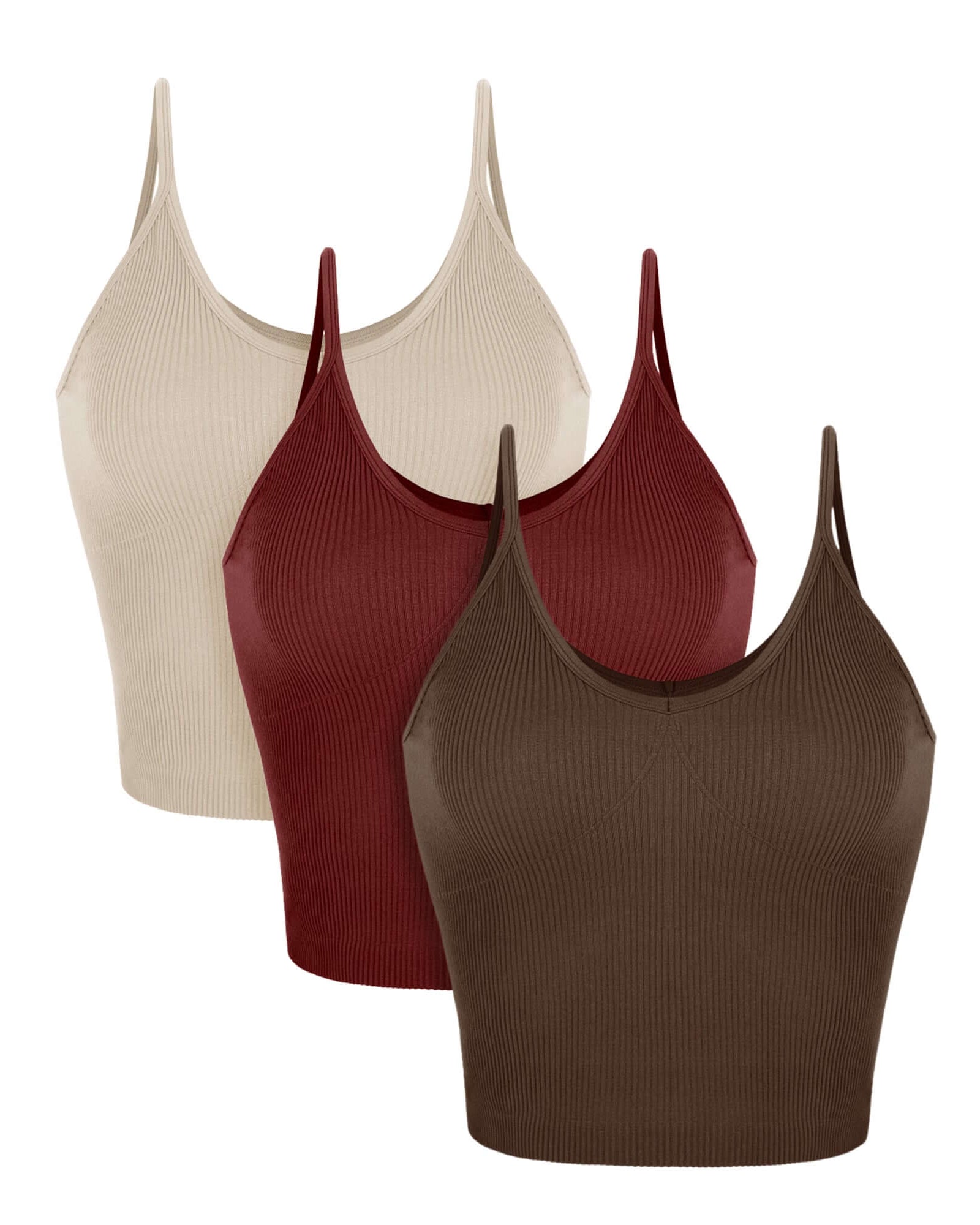 3-Pack V-Neck Seamless Crop Tank Mushroom+Claret+Brunette - ododos