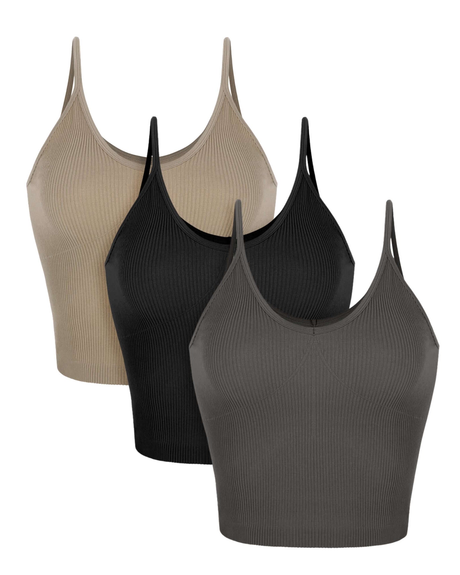 3-Pack V-Neck Seamless Crop Tank Taupe+Black+Charcoal - ododos
