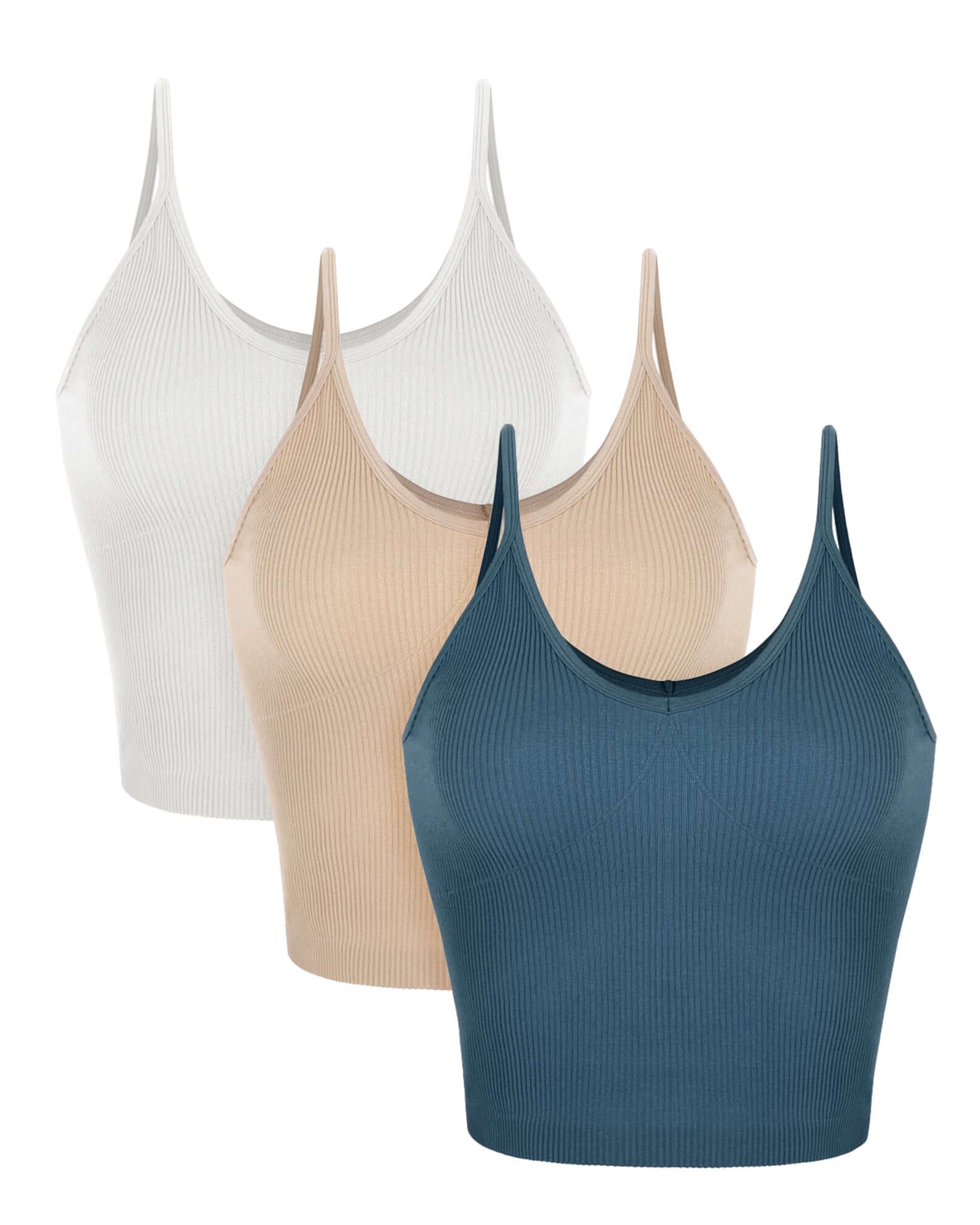 3-Pack V-Neck Seamless Crop Tank White+Beige+Ocean - ododos