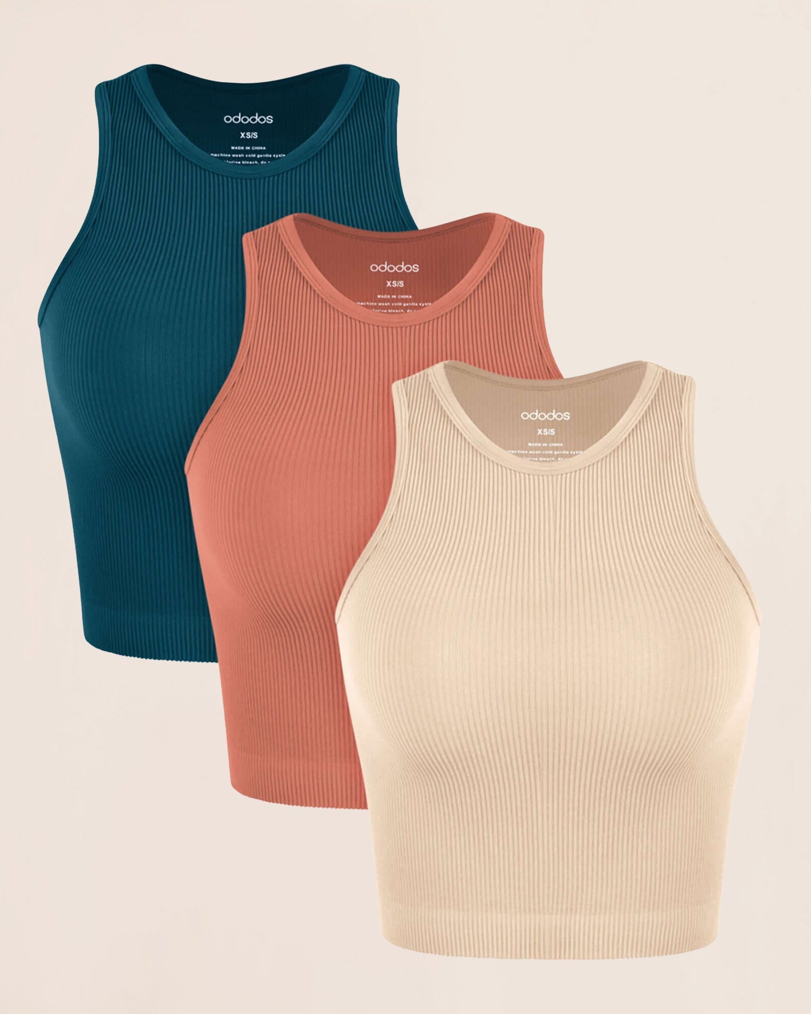 3-Pack Seamless Ribbed High Neck Tank Tops Beige+Coral+Teal - ododos