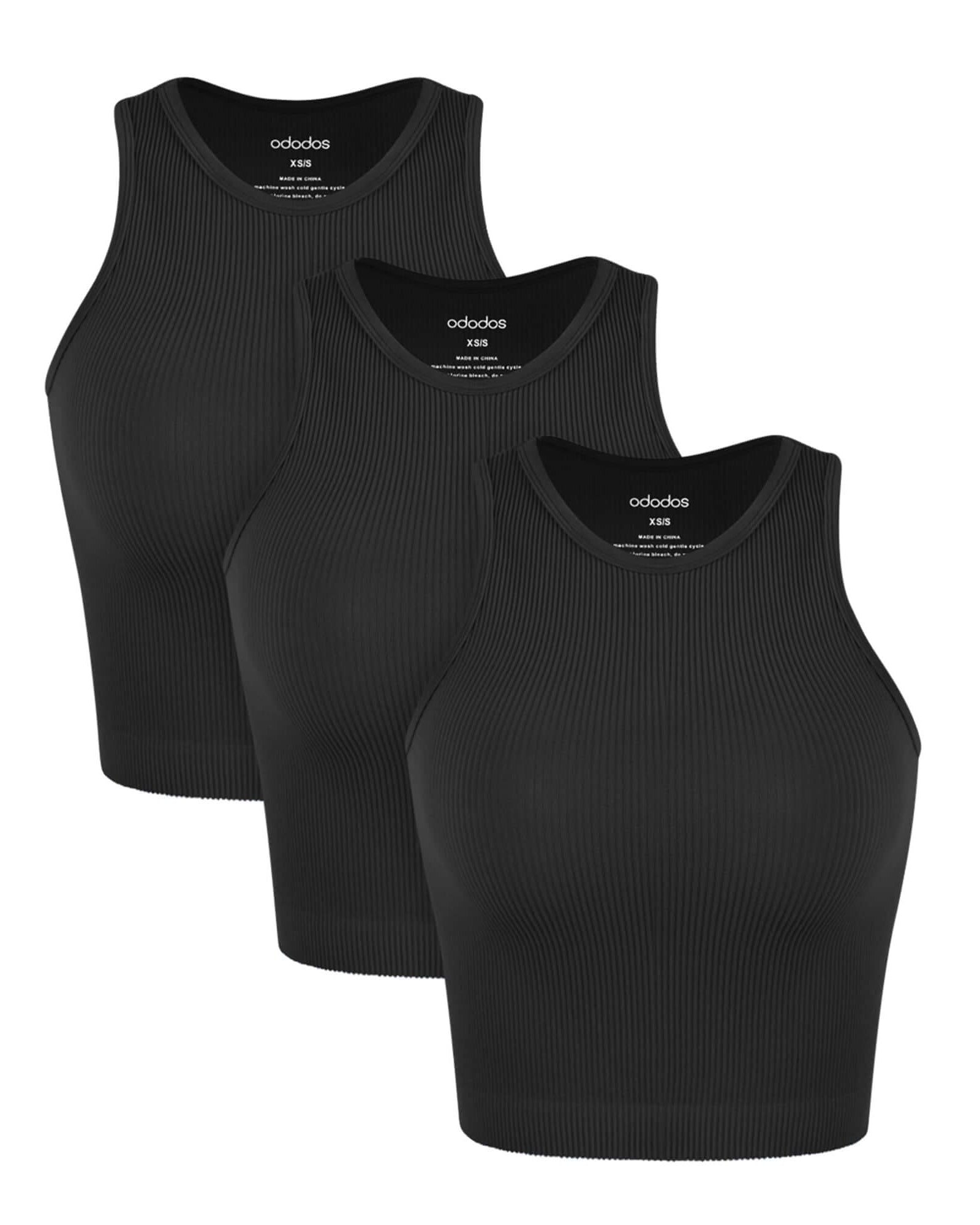 3-Pack Seamless Ribbed High Neck Tank Tops Black+Black+Black - ododos