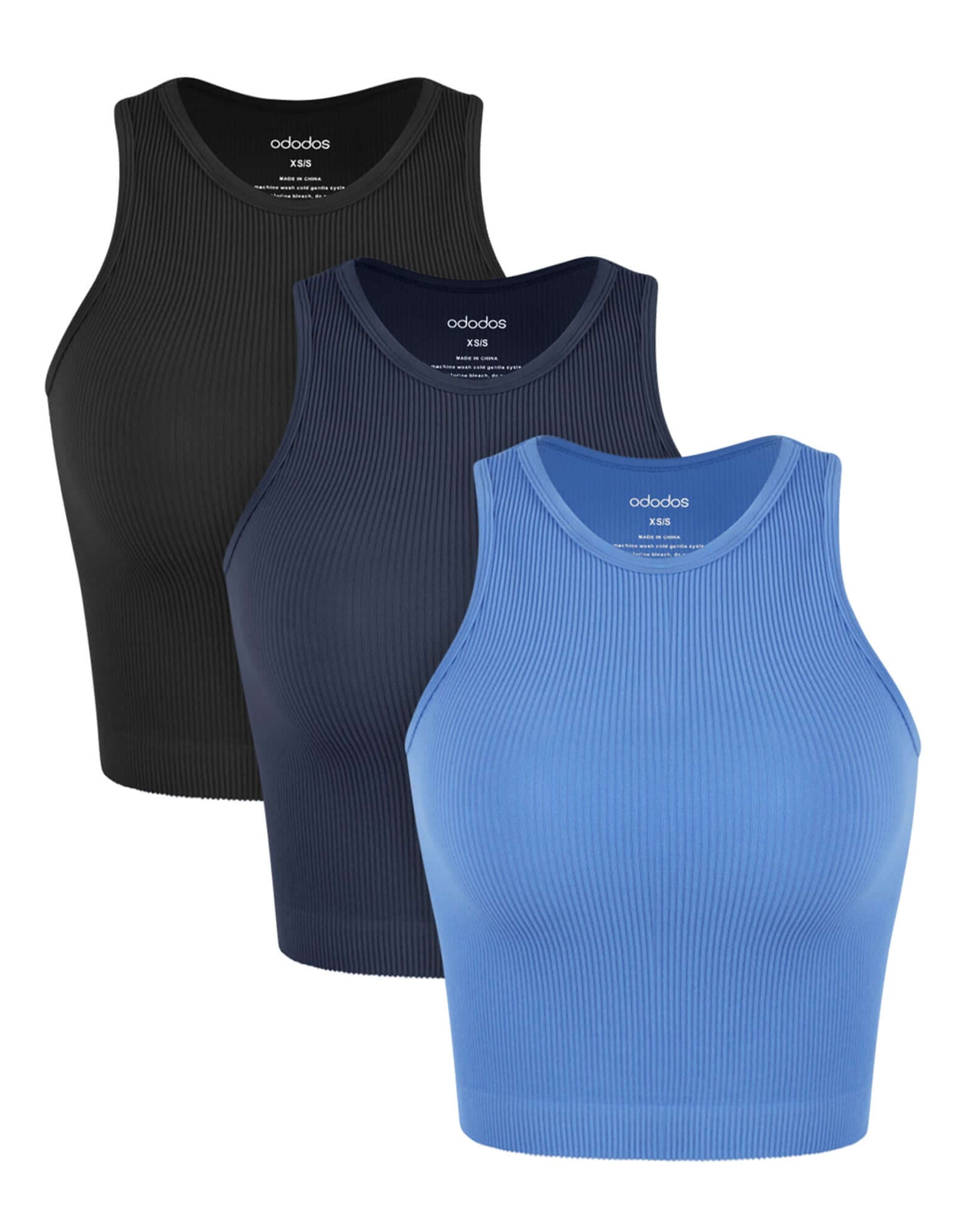 3-Pack Seamless Ribbed High Neck Tank Tops Black+Navy+Blue - ododos