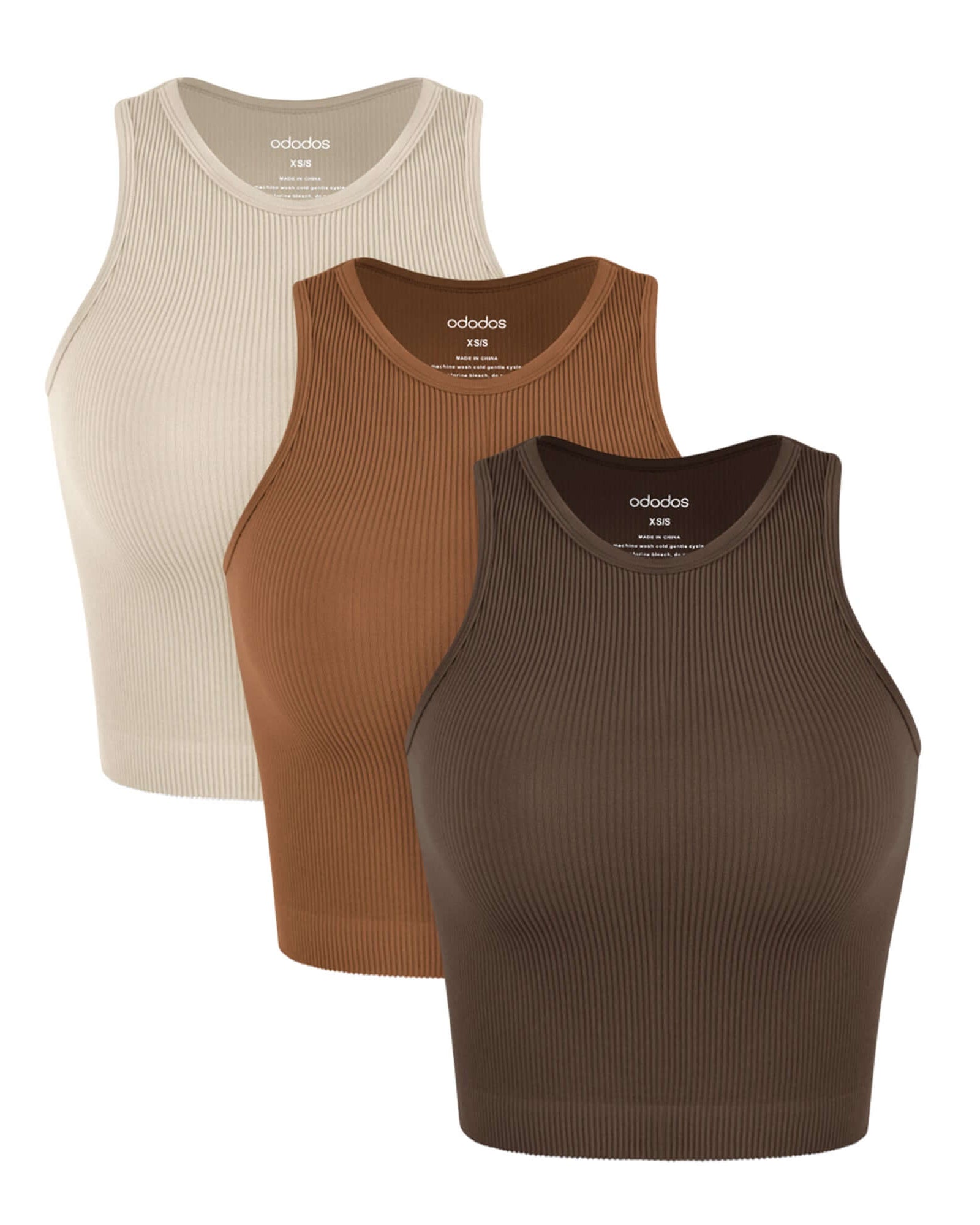 3-Pack Seamless Ribbed High Neck Tank Tops Brunette+Clay+Mushroom - ododos
